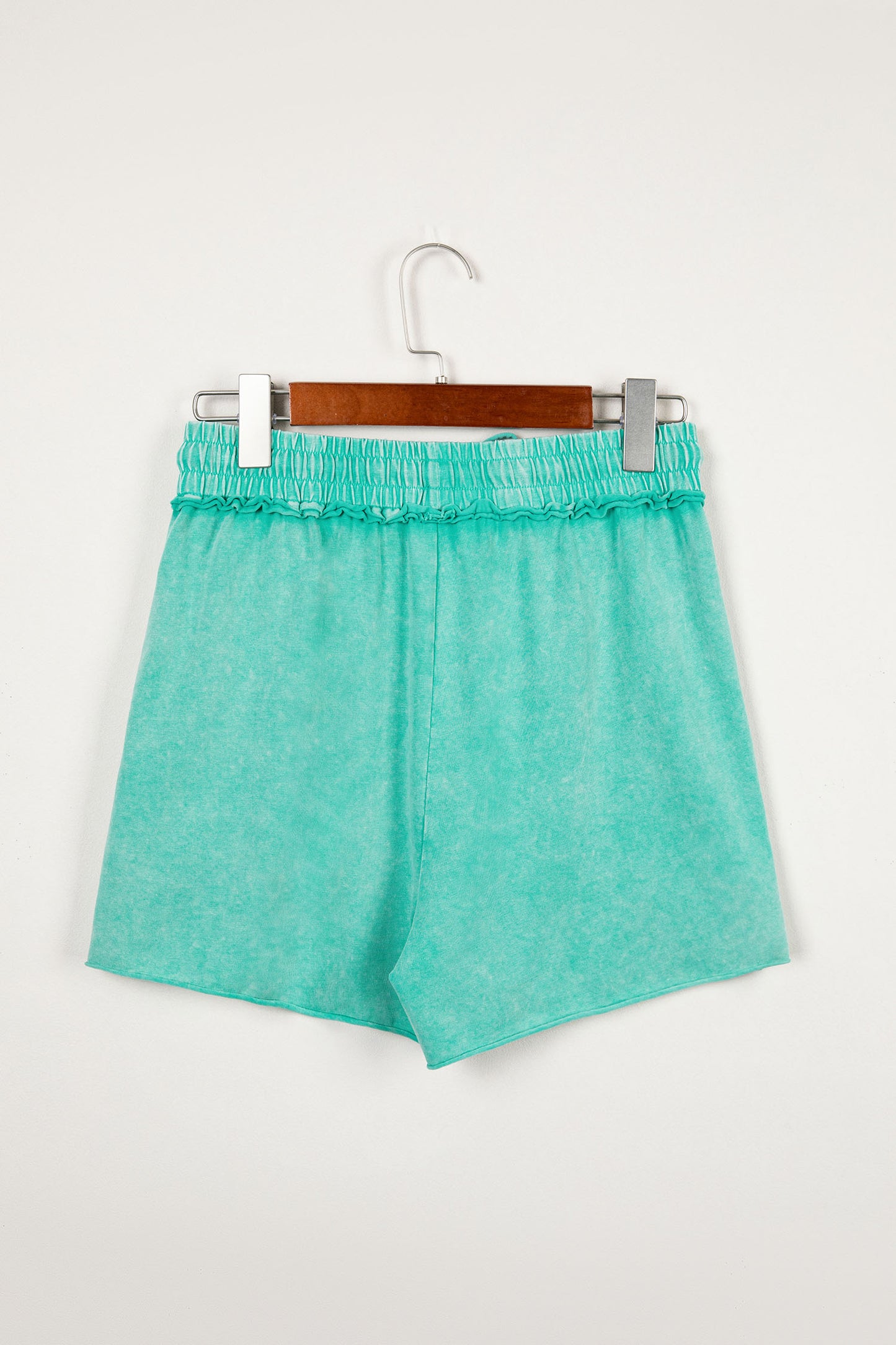 Sea Green Mineral Washed Drawstring Elastic Waist Raw Cut Shorts-Bottoms/Casual Shorts-[Adult]-[Female]-2022 Online Blue Zone Planet
