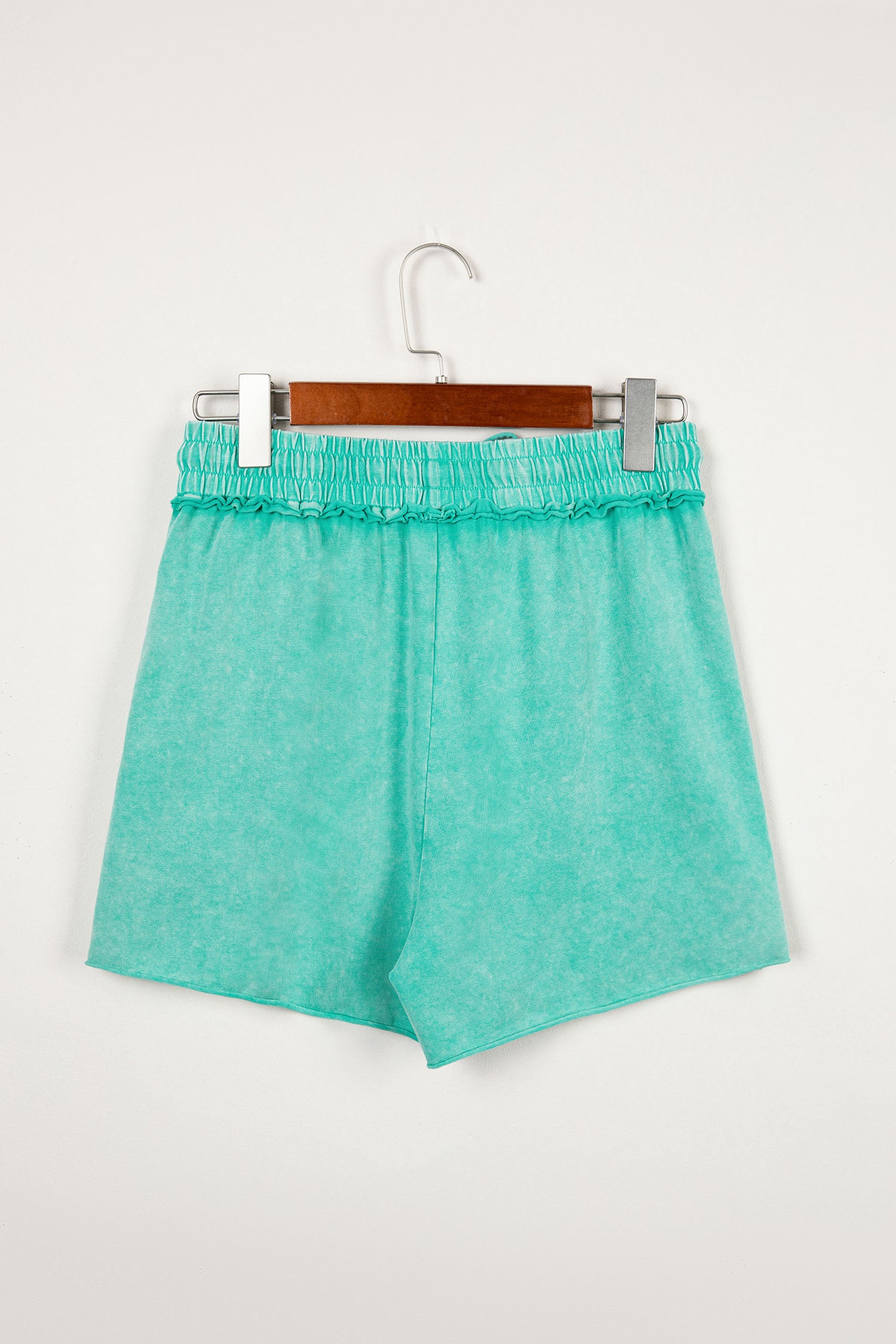 Sea Green Mineral Washed Drawstring Elastic Waist Raw Cut Shorts-Bottoms/Casual Shorts-[Adult]-[Female]-2022 Online Blue Zone Planet