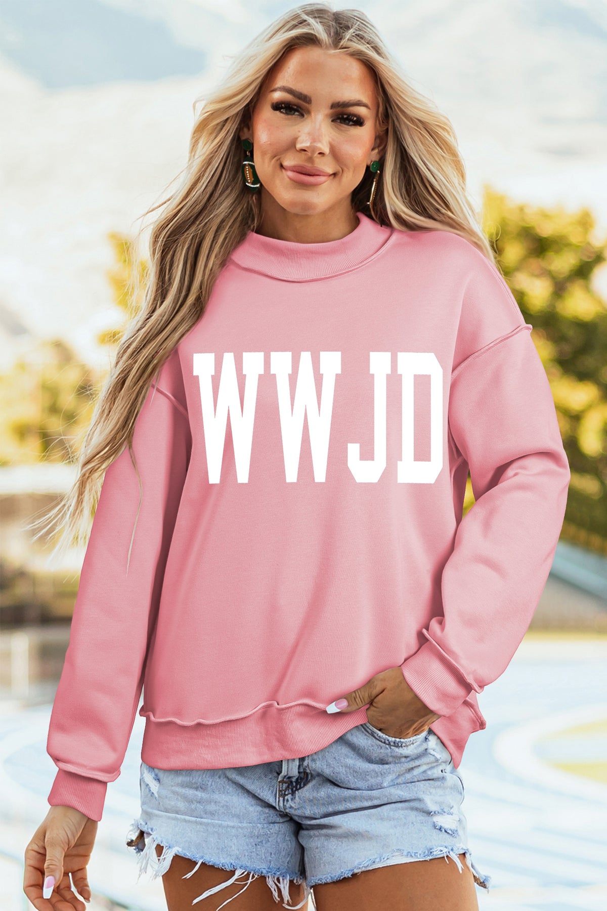 Light Pink WWJD/ AMEN Double Side Printed Mock Neck Reversible Sweatshirt-Graphic/Graphic Sweatshirts-[Adult]-[Female]-2022 Online Blue Zone Planet