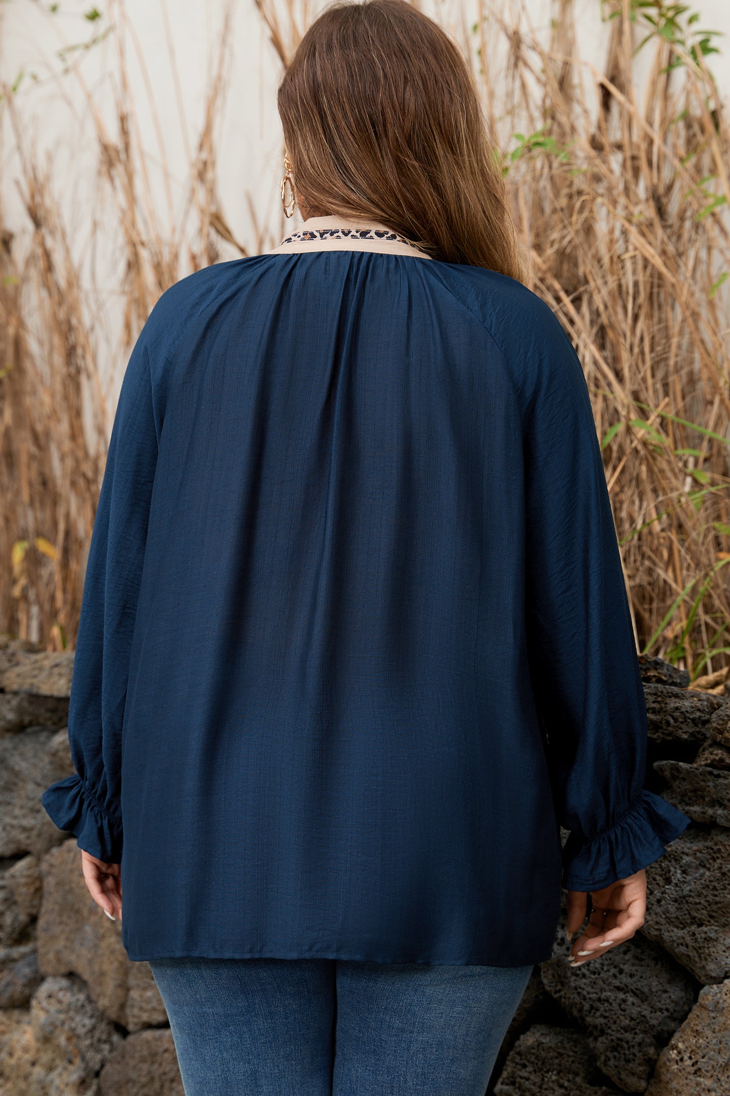 Navy Blue Contrast Leopard Patchwork Collar Plus Size Long Flounce Sleeve Blouse-Plus Size/Plus Size Tops/Plus Size Blouses & Shirts-[Adult]-[Female]-2022 Online Blue Zone Planet