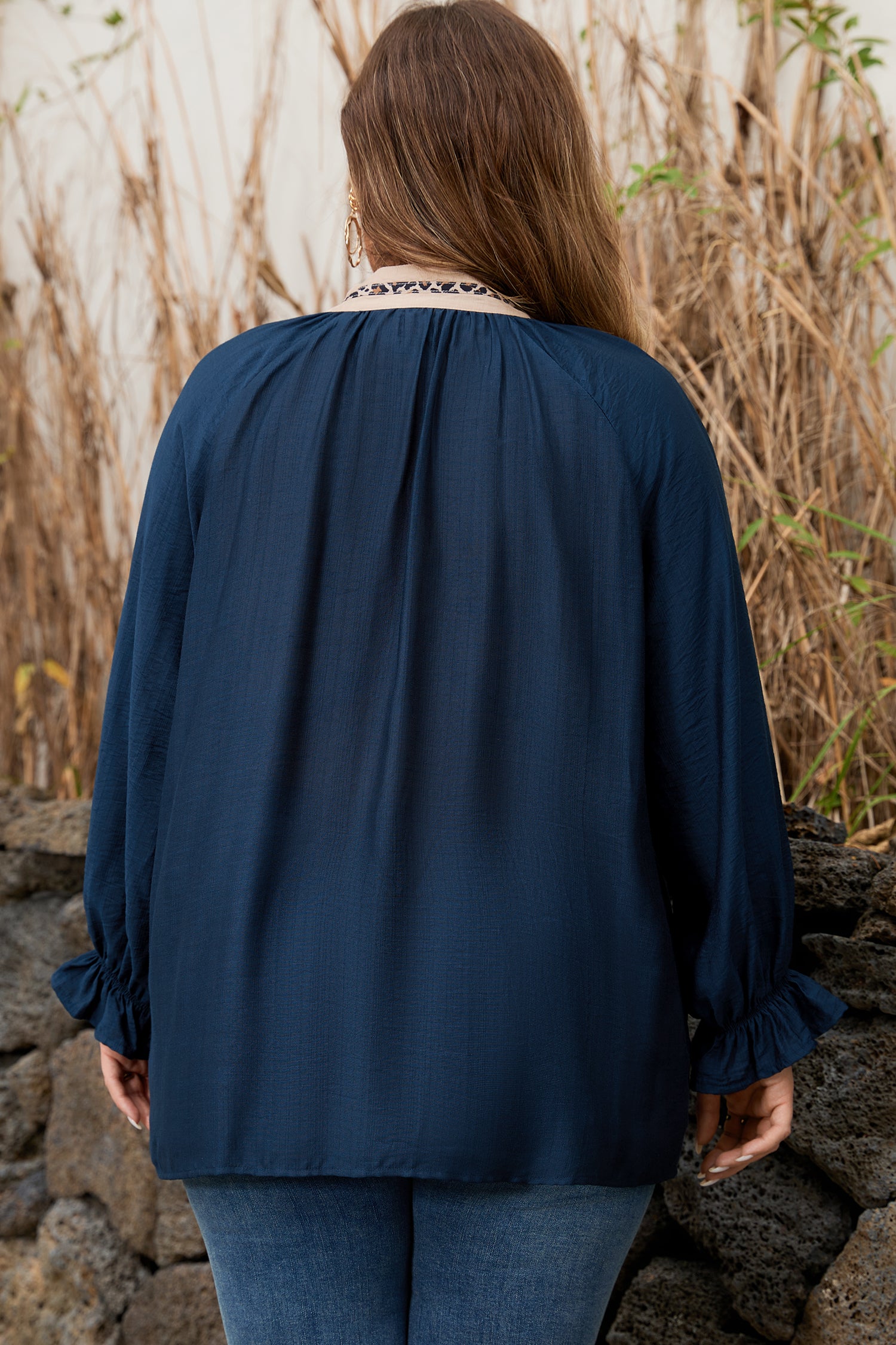 Navy Blue Contrast Leopard Patchwork Collar Plus Size Long Flounce Sleeve Blouse-Plus Size/Plus Size Tops/Plus Size Blouses & Shirts-[Adult]-[Female]-2022 Online Blue Zone Planet