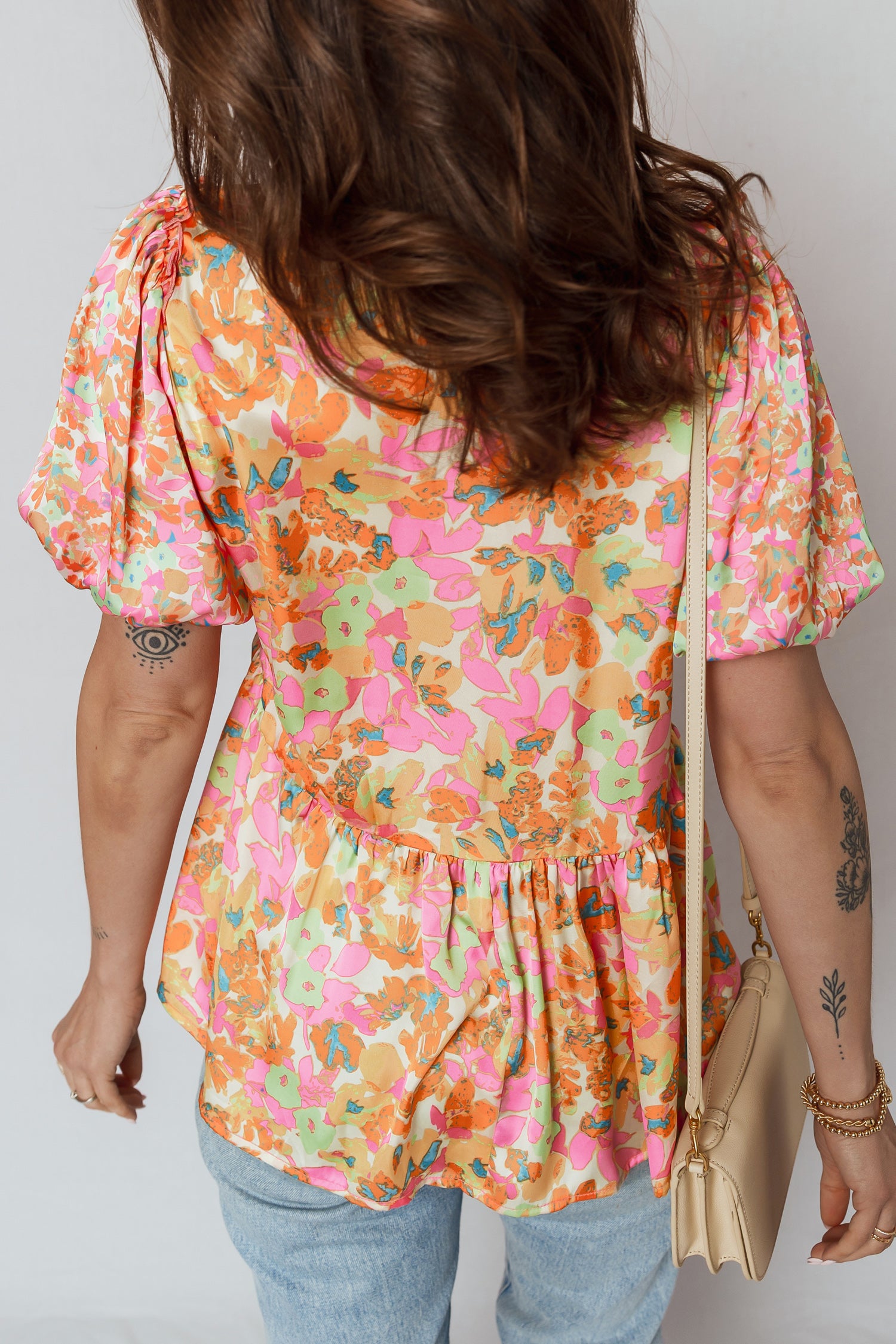Orange Split V Neck Short Sleeve Flower Blouse-Tops/Blouses & Shirts-[Adult]-[Female]-2022 Online Blue Zone Planet