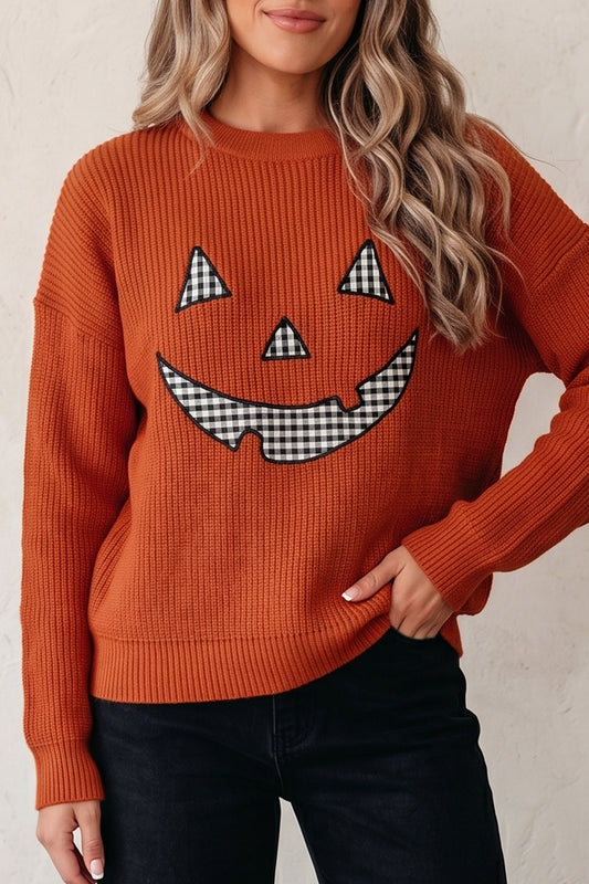 Orange Drop Shoulder Long Sleeve Round Neck Halloween Sweater-Sweaters & Cardigans/Sweaters-[Adult]-[Female]-Orange-S-2022 Online Blue Zone Planet