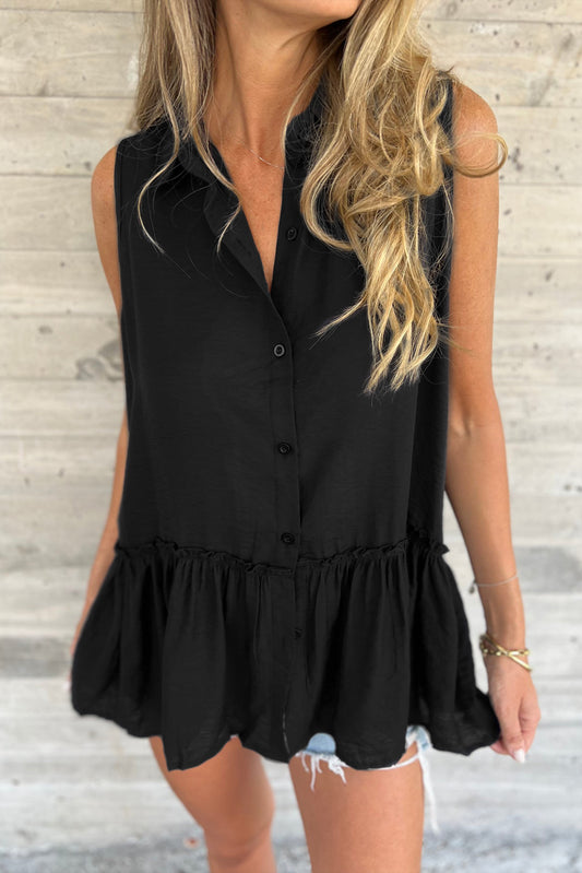Black Sleeveless Buttoned Front Ruffle Hem Tunic Shirt-Tops/Tops & Tees-[Adult]-[Female]-Black-S-2022 Online Blue Zone Planet