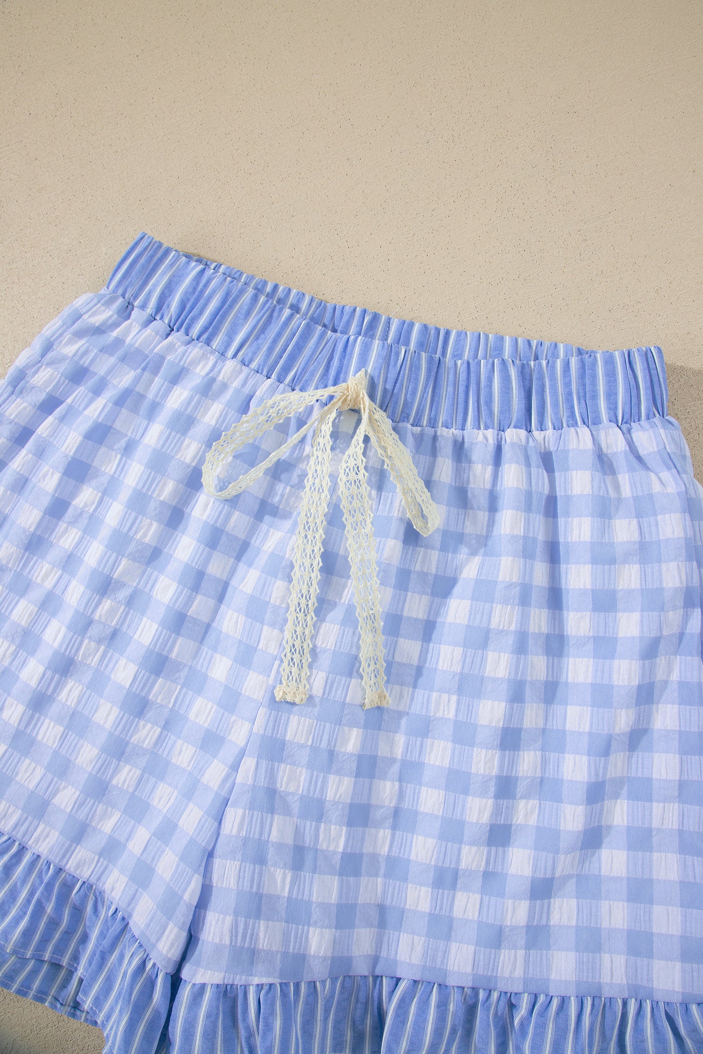 Red Gingham Print Ruffle Striped Detail Lace Tie Shorts-Bottoms/Casual Shorts-[Adult]-[Female]-2022 Online Blue Zone Planet