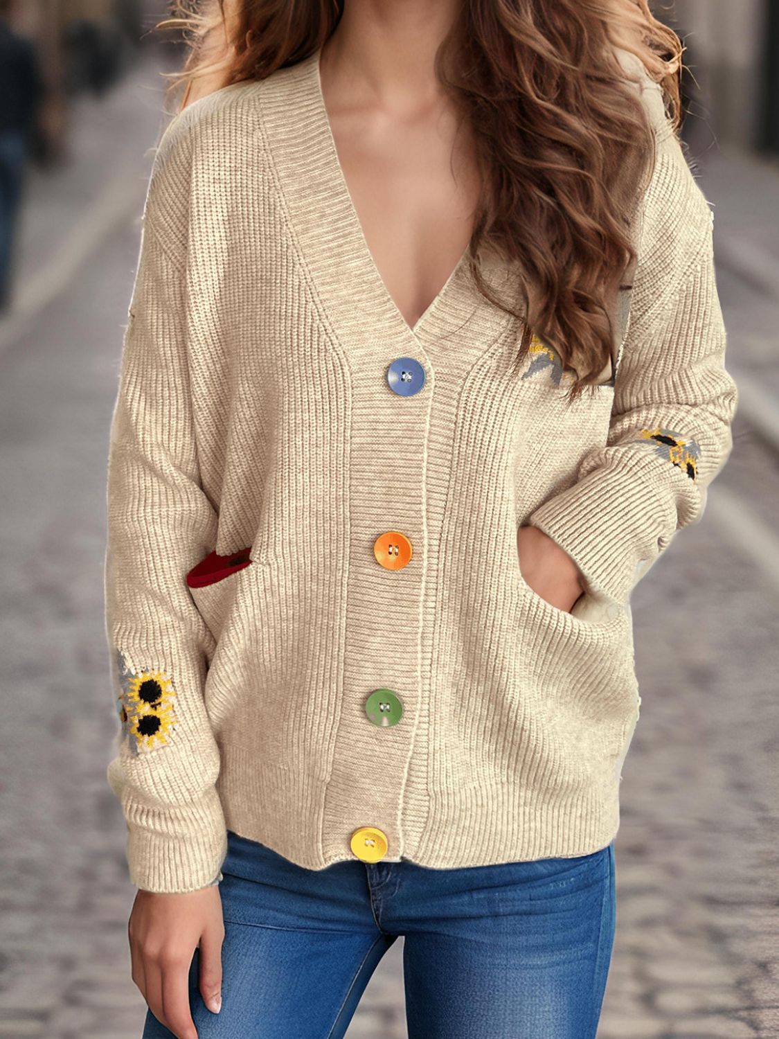 Contrast Button V-Neck Long Sleeve Cardigan-NEW ARRIVALS-[Adult]-[Female]-Tan-One Size-2022 Online Blue Zone Planet