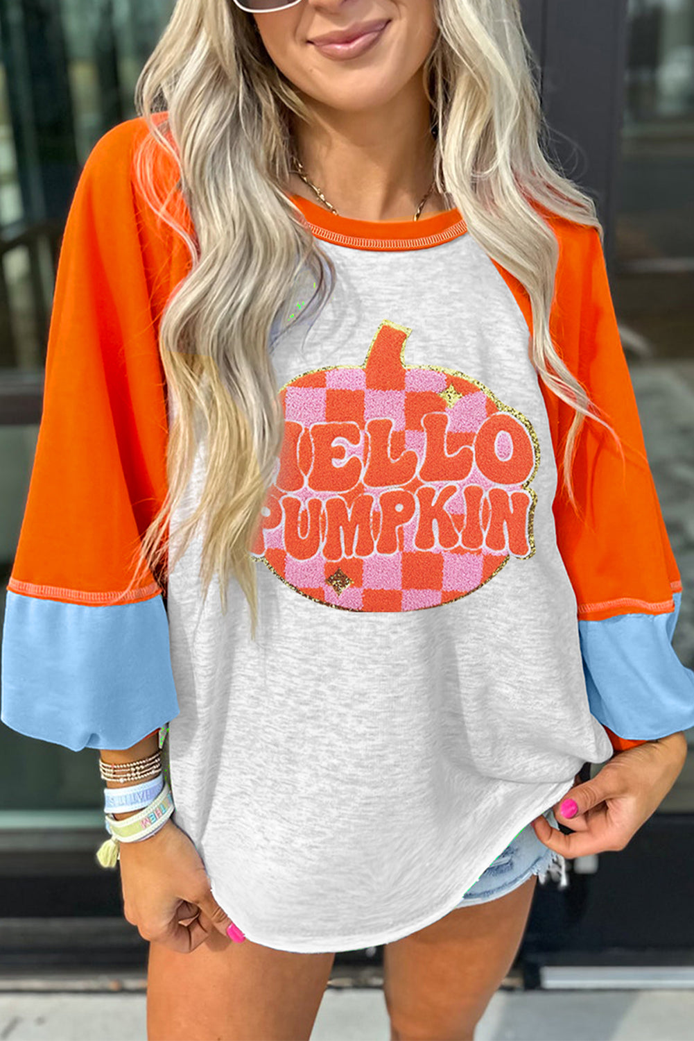 Light Grey HELLO PUMPKIN Patched Graphic Colorblock Bubble Sleeve Raglan Top-Graphic/Graphic Long Sleeve Tees-[Adult]-[Female]-2022 Online Blue Zone Planet