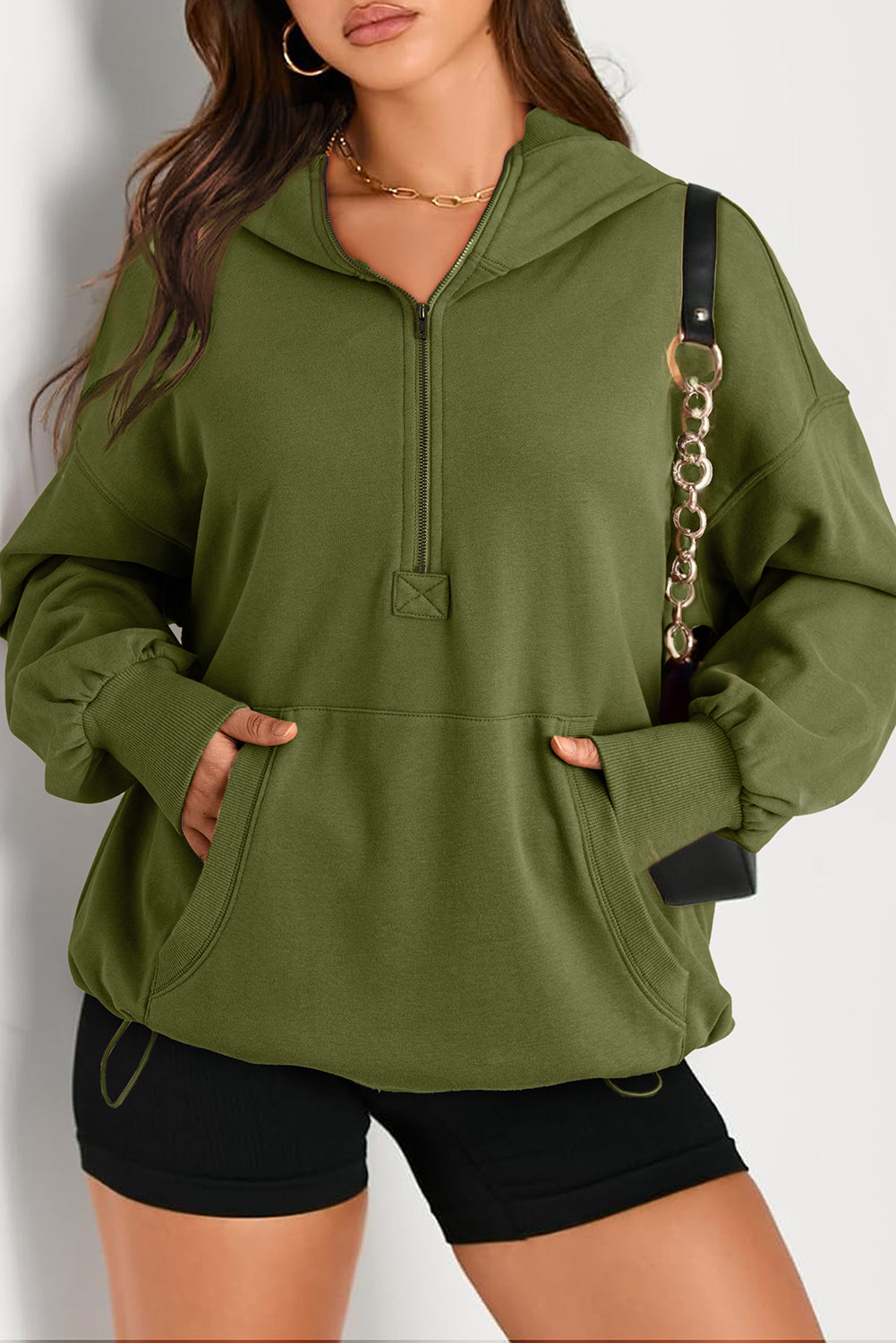 Brown Solid Kangaroo Pocket Half Zipper Oversized Hoodie-Tops/Sweatshirts & Hoodies-[Adult]-[Female]-Moss Green-S-2022 Online Blue Zone Planet