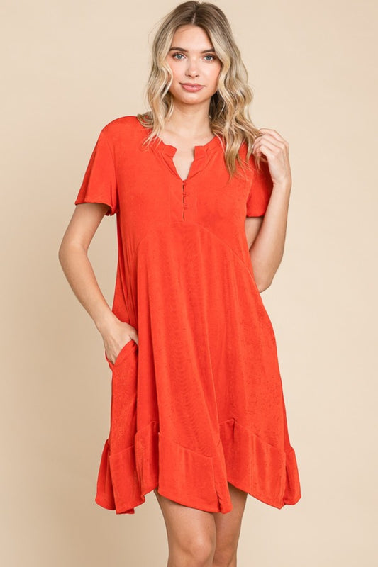 Culture Code Full Size Notched Short Sleeve Dress-TOPS / DRESSES-[Adult]-[Female]-Scarlet-S-2022 Online Blue Zone Planet