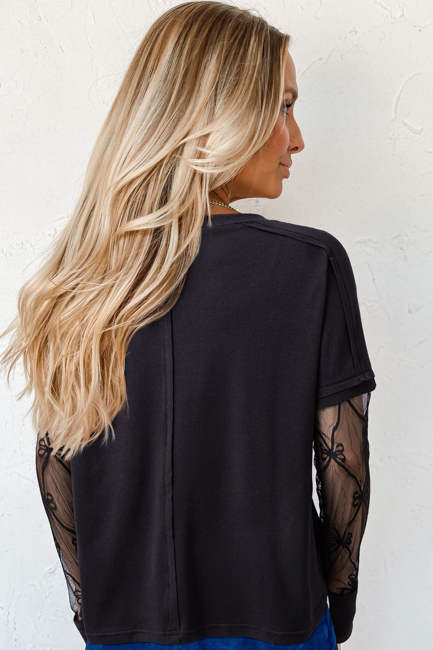 Black Solid Color Bow Textured Patchwork Long Sleeve Tee-Tops/Long Sleeve Tops-[Adult]-[Female]-2022 Online Blue Zone Planet