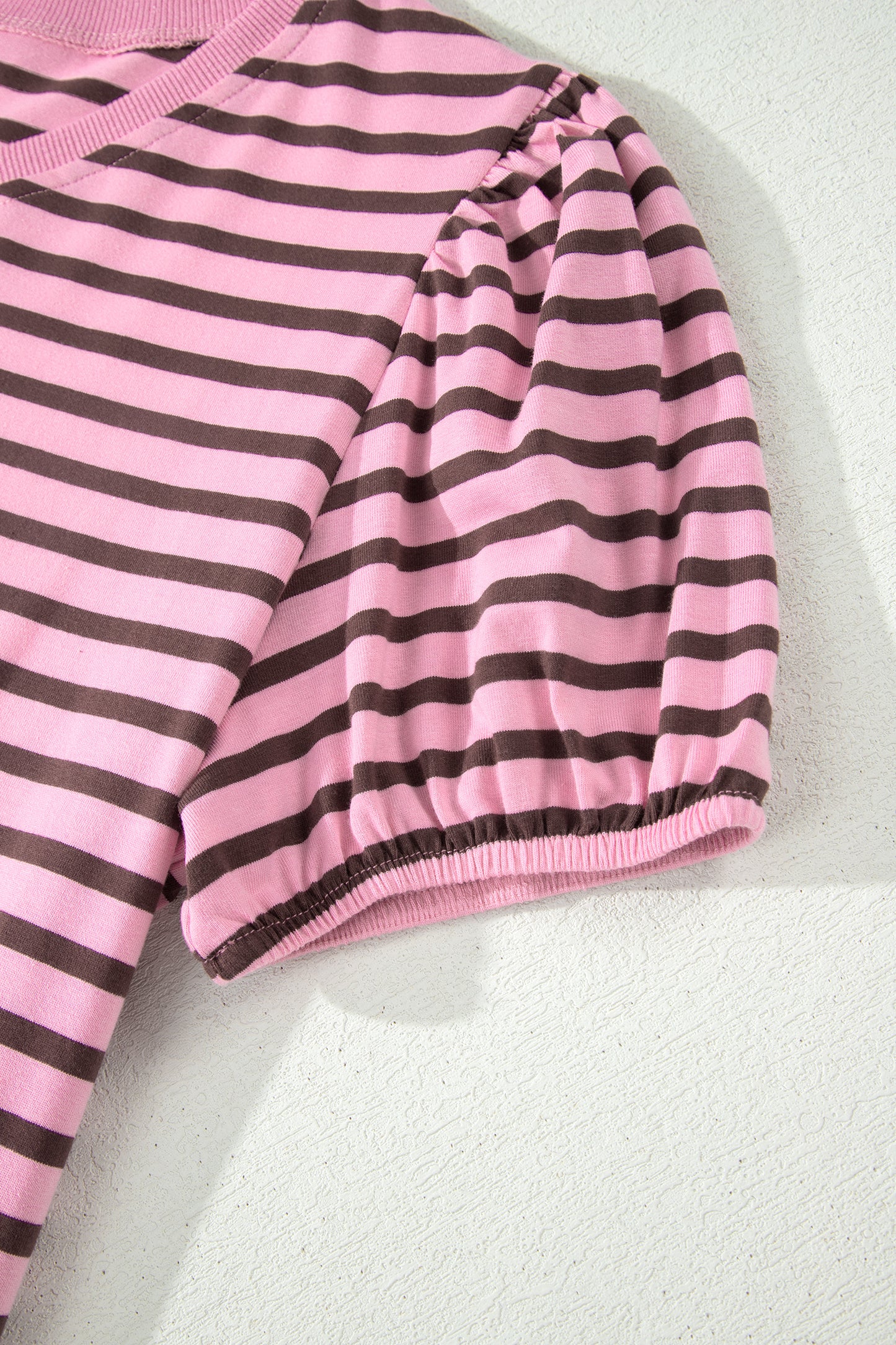 Rose Stripe Striped V-Neck Ribbed Collar Cuff Gathering Puff Sleeve Top-Tops/Tops & Tees-[Adult]-[Female]-2022 Online Blue Zone Planet
