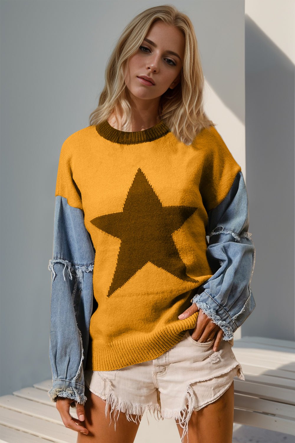 Blue Zone Planet | Double Take Full Size Star Pattern Raw Edge Long Sleeve Sweater-TOPS / DRESSES-[Adult]-[Female]-Gold-S/M-2022 Online Blue Zone Planet