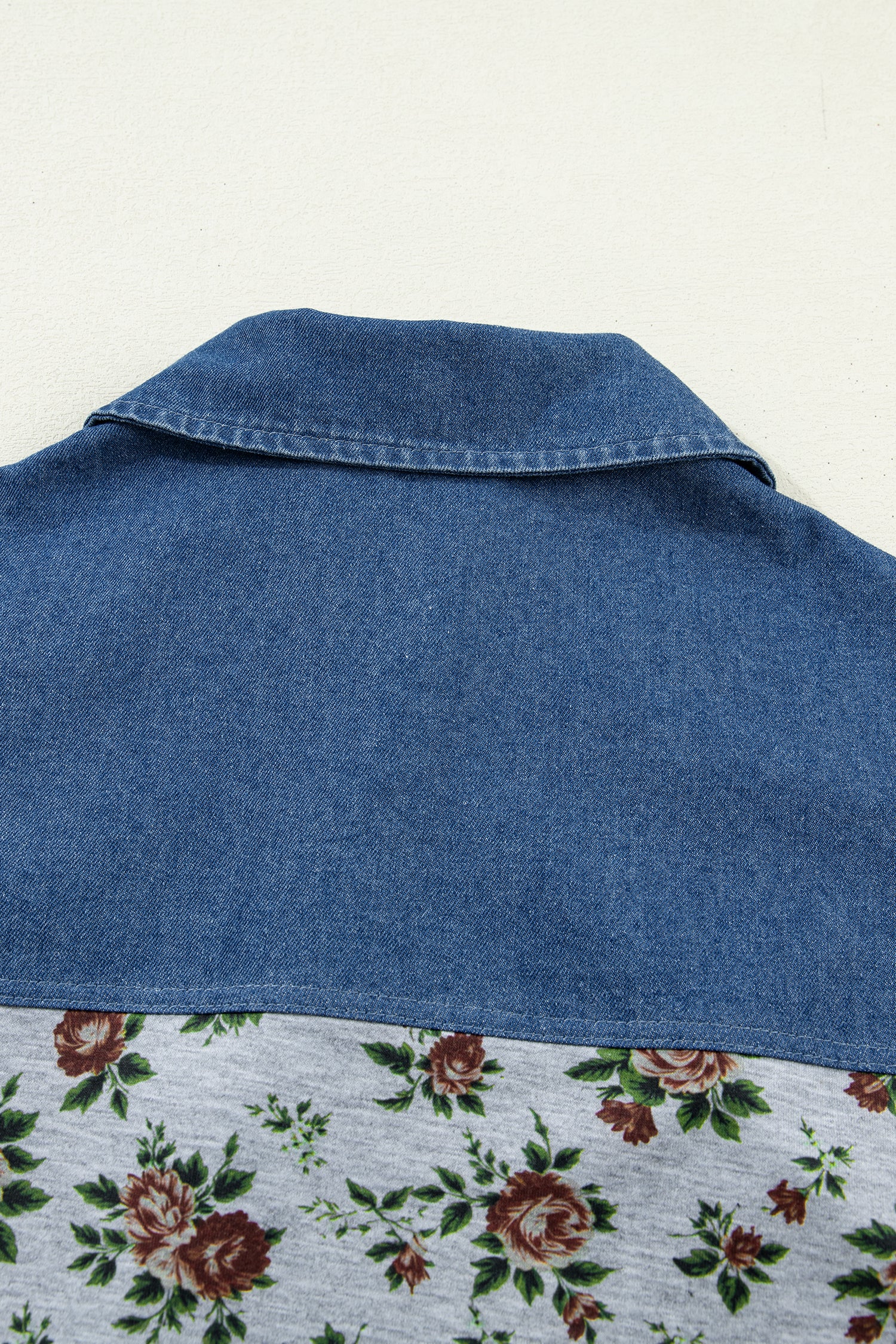 Gray Retro Floral Print Denim Patchwork Buttoned Polo Collar Top-Tops/Blouses & Shirts-[Adult]-[Female]-2022 Online Blue Zone Planet