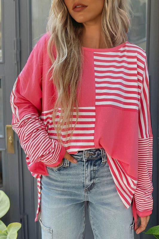 Pink Stripe Color Block Patchwork Drop Shoulder Long Sleeve Tunic Top-Tops/Long Sleeve Tops-[Adult]-[Female]-Pink Stripe-S-2022 Online Blue Zone Planet