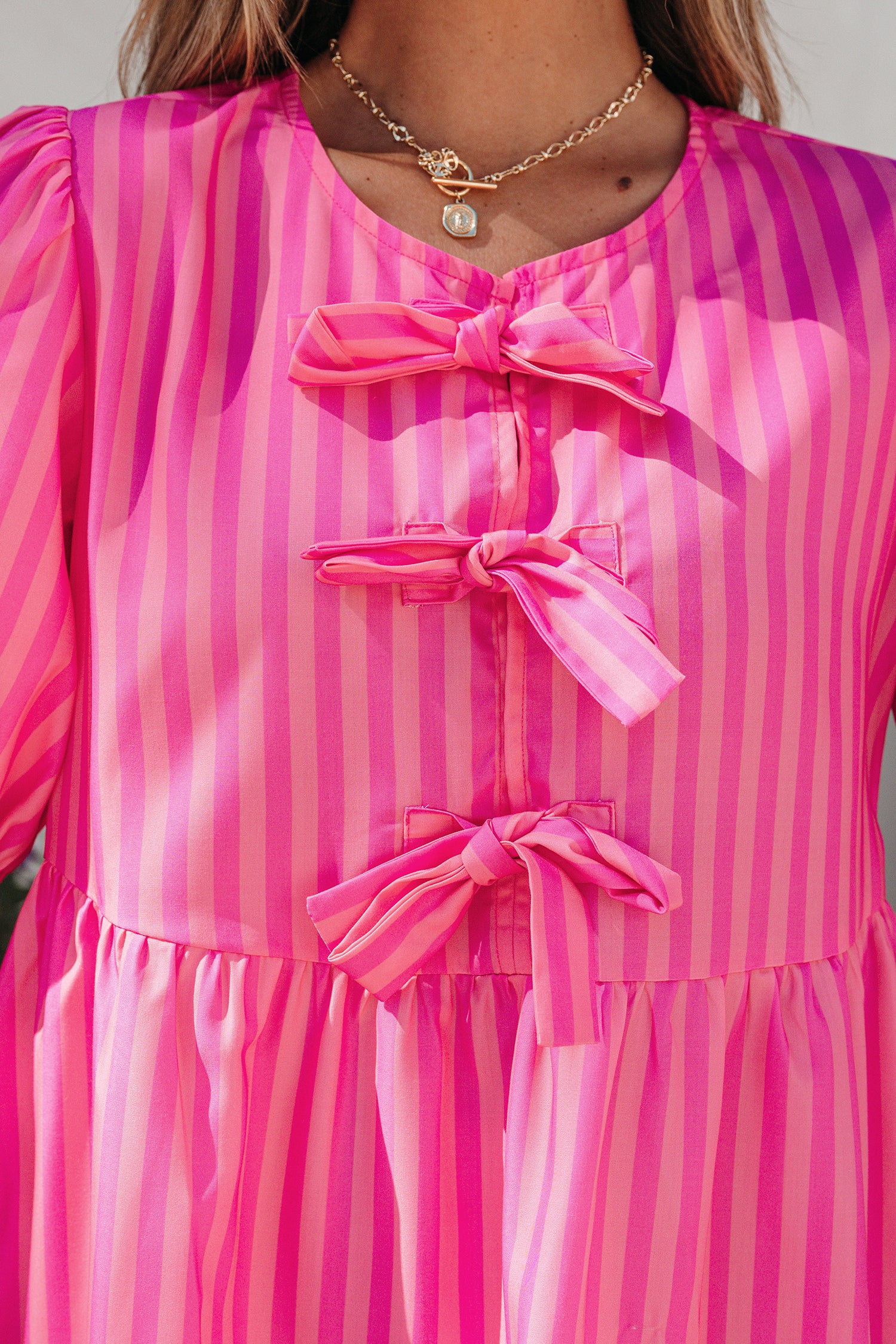 Rose Striped Print Bow Detail Short Puff Sleeve Mini Dress-TOPS / DRESSES-[Adult]-[Female]-2022 Online Blue Zone Planet