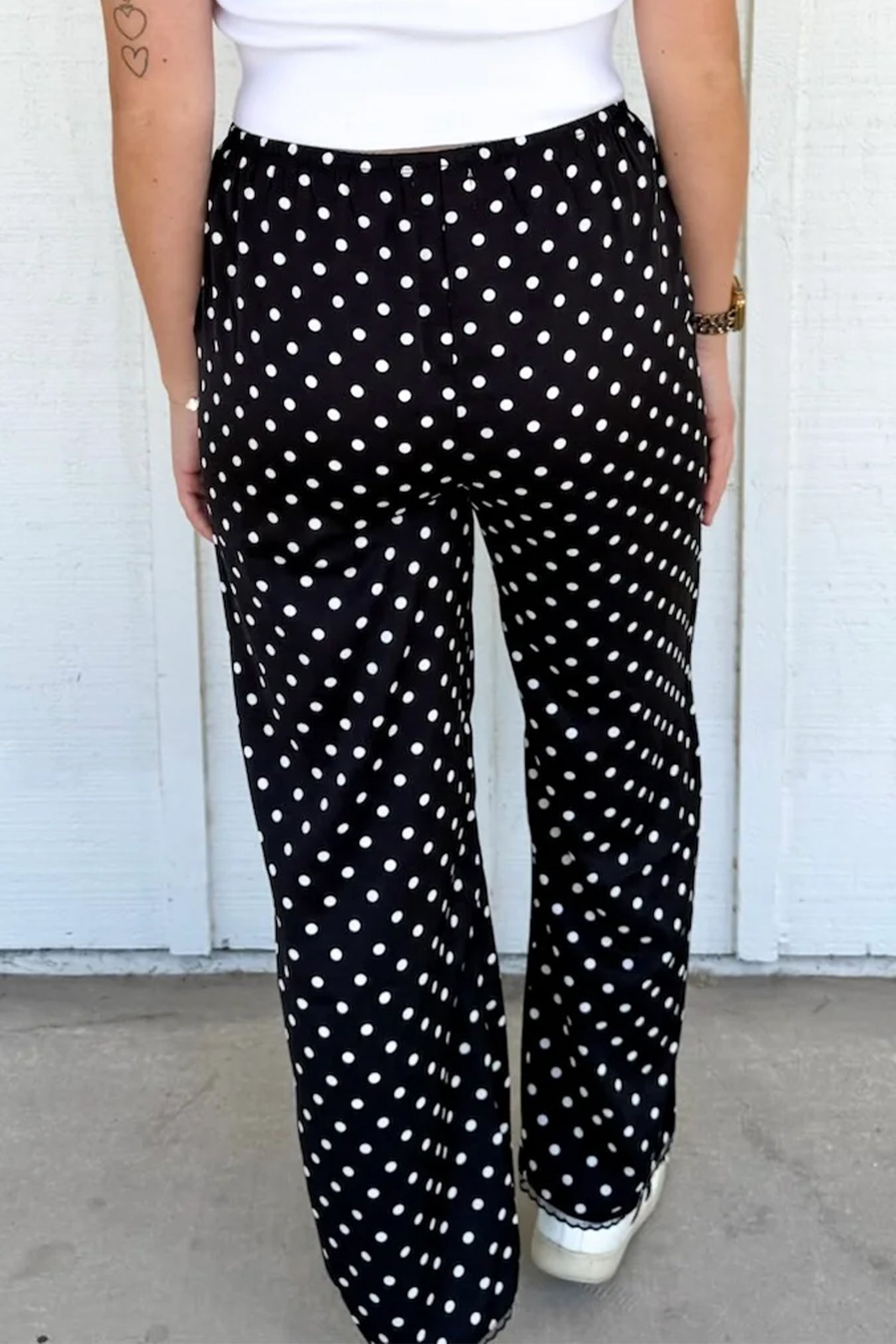 Black Polka Dot Print Elastic Waist Lace Hem Loose Pants-Bottoms/Pants & Culotte-[Adult]-[Female]-2022 Online Blue Zone Planet