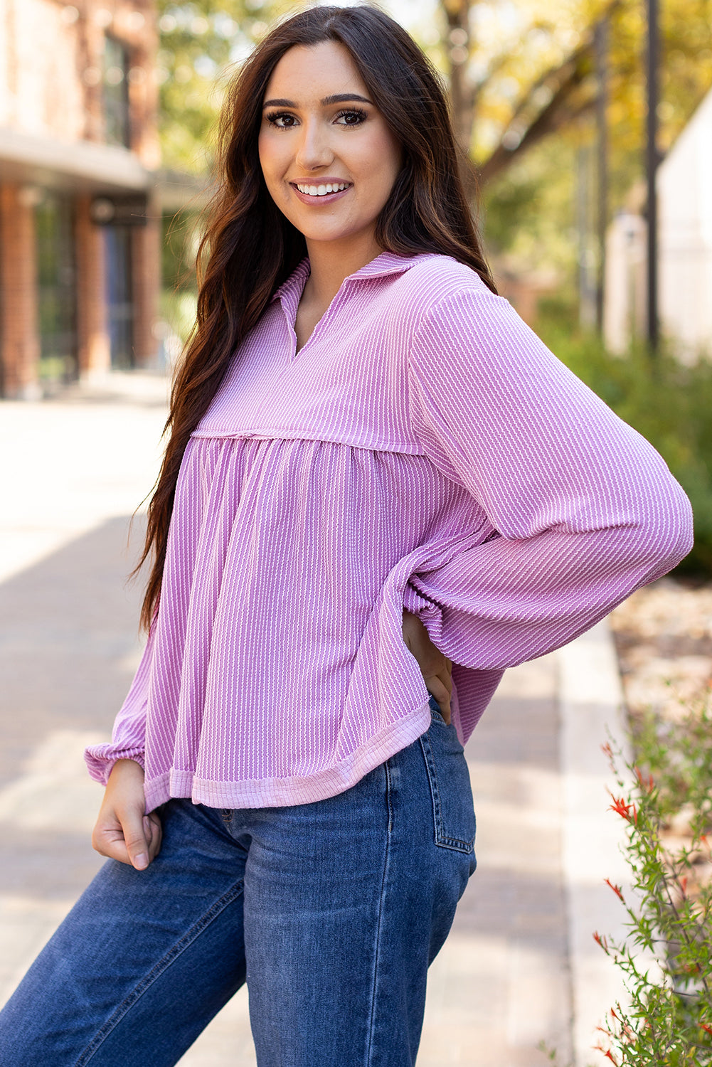 Bright Pink Corded Turn-down V Neck Bubble Sleeve Babydoll Blouse-Tops/Blouses & Shirts-[Adult]-[Female]-2022 Online Blue Zone Planet