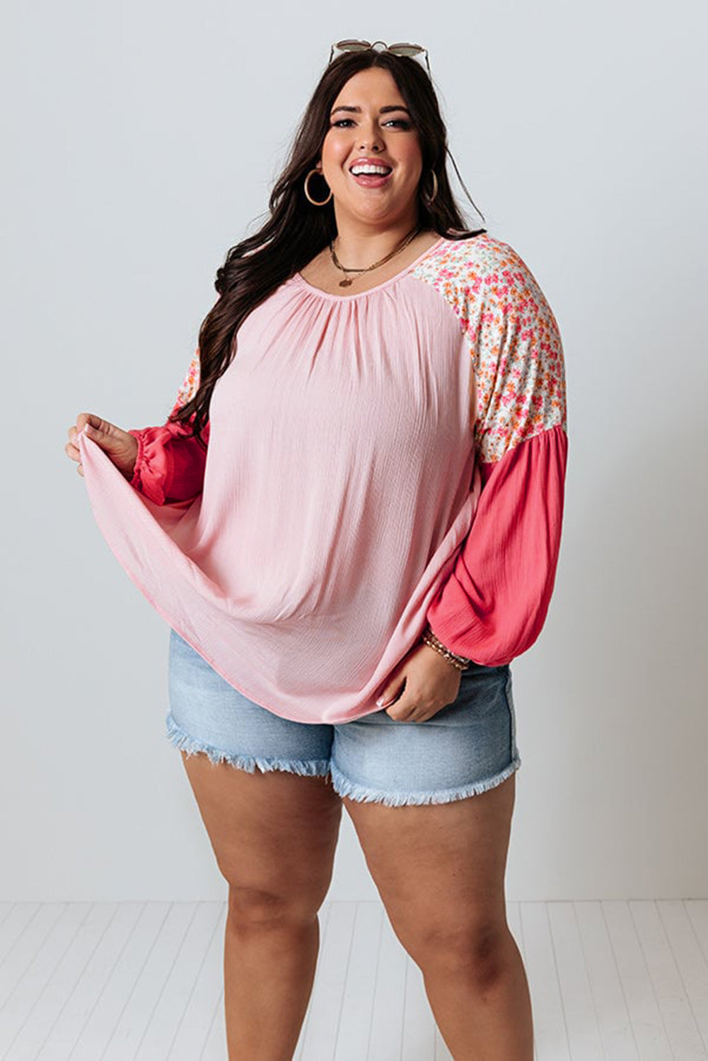 Pink Contrast Floral Patchwork Long Sleeve Plus Size Blouse-Plus Size/Plus Size Tops/Plus Size Long Sleeve Tops-[Adult]-[Female]-2022 Online Blue Zone Planet