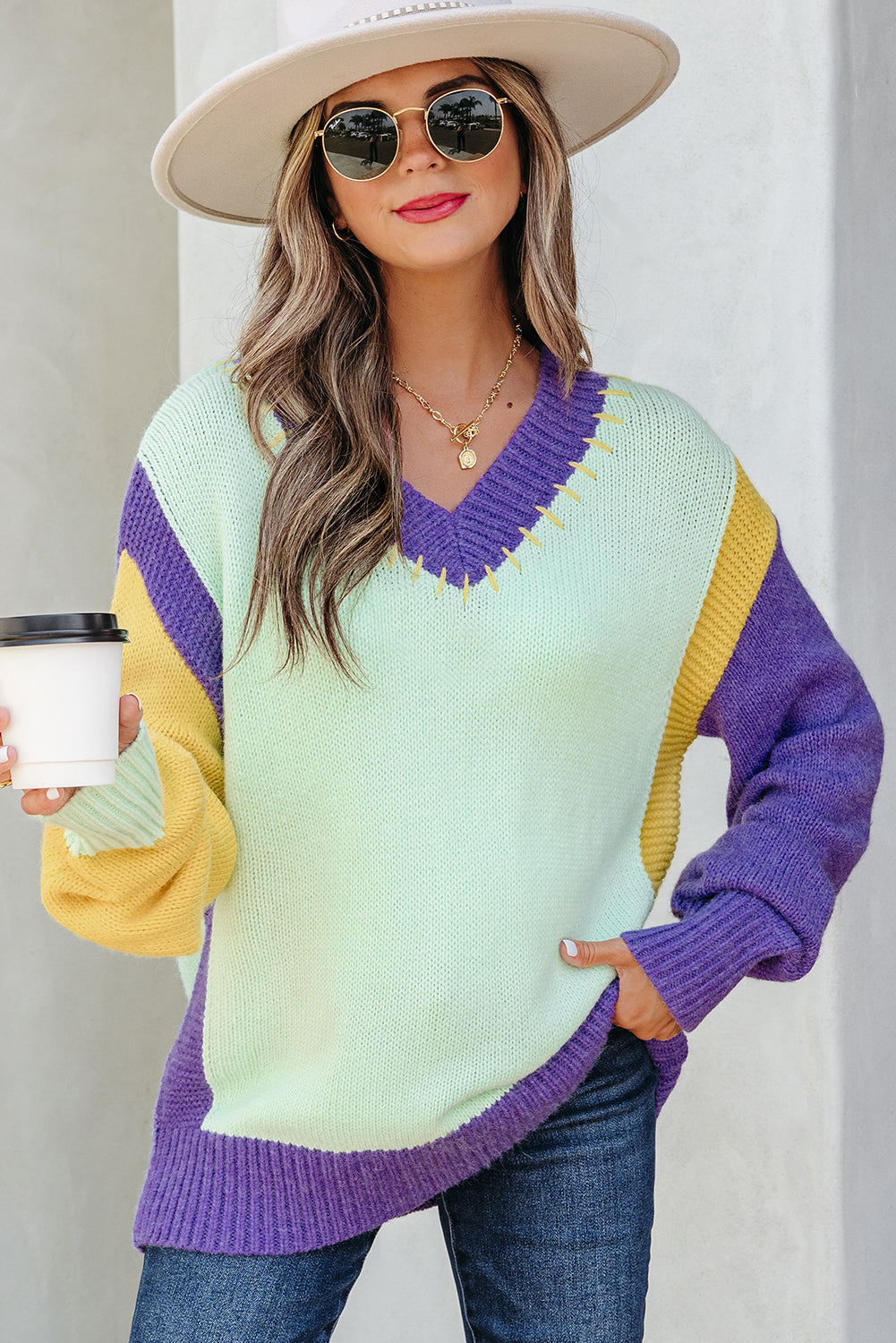 Green Stitched V Neck Color Block Knitted Drop Shoulder Sweater-TOPS / DRESSES-[Adult]-[Female]-2022 Online Blue Zone Planet