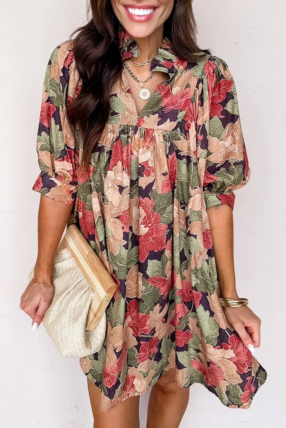 Green Floral Print Frilled Collar V Neck Half Sleeve Mini Dress-TOPS / DRESSES-[Adult]-[Female]-2022 Online Blue Zone Planet
