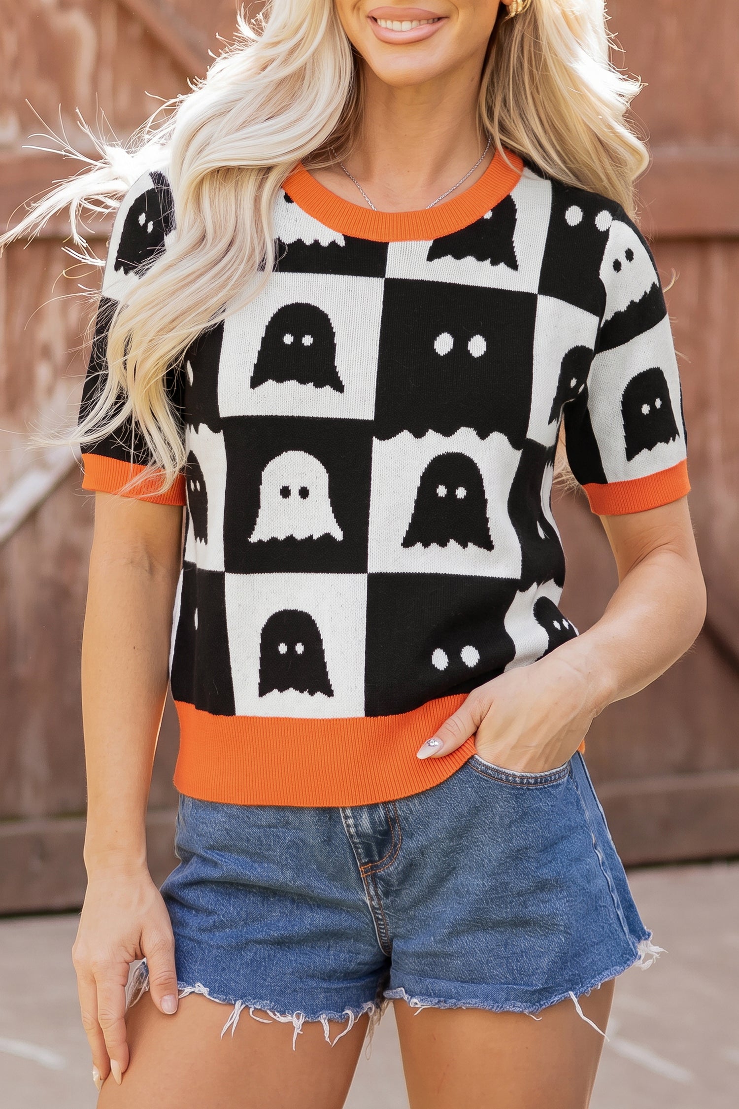 White Geometric Ghost Color Block Trim Short Sleeve Knit Sweater-TOPS / DRESSES-[Adult]-[Female]-2022 Online Blue Zone Planet