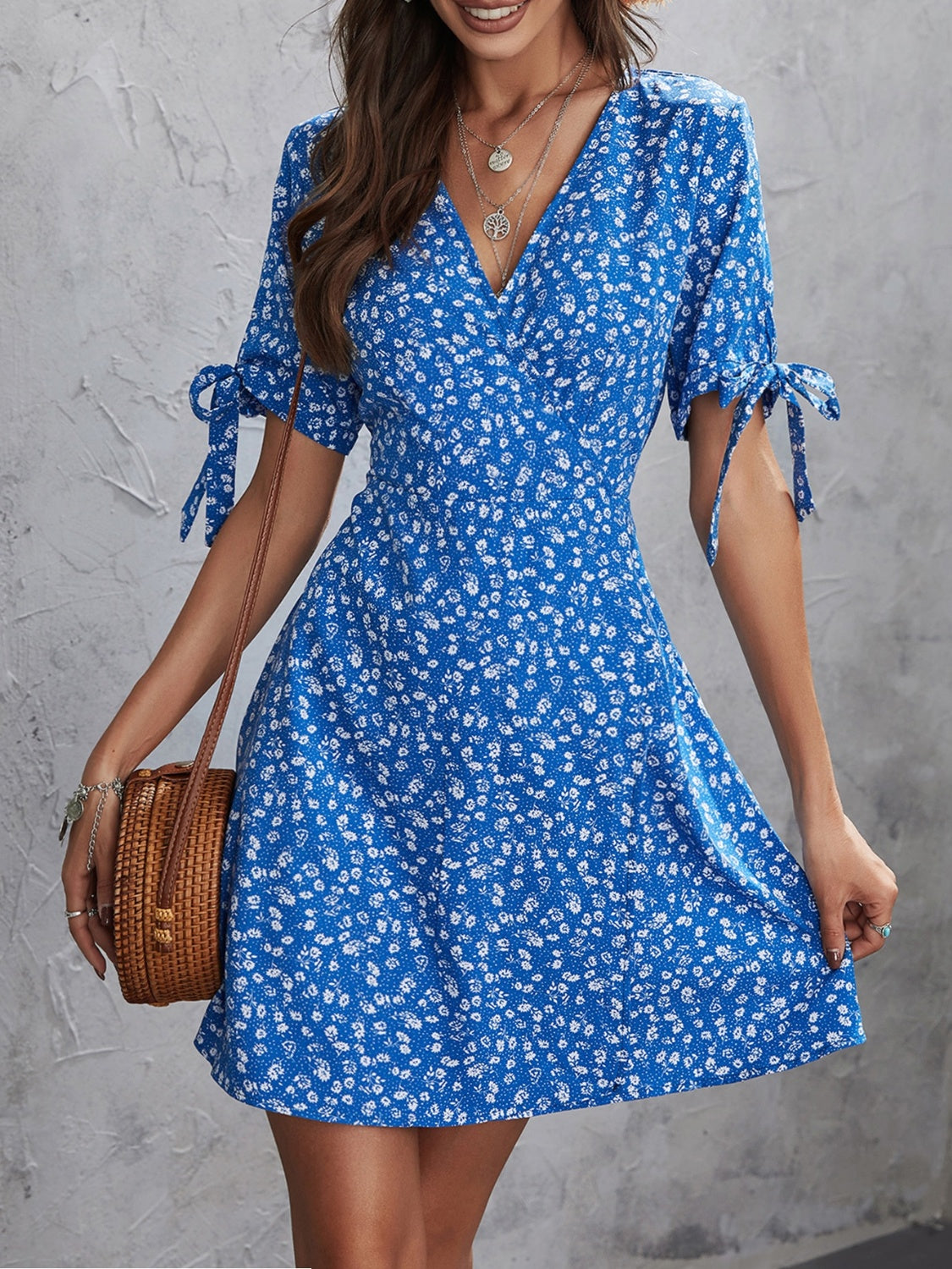 Honey Printed Surplice Short Sleeve Mini Dress-TOPS / DRESSES-[Adult]-[Female]-2022 Online Blue Zone Planet