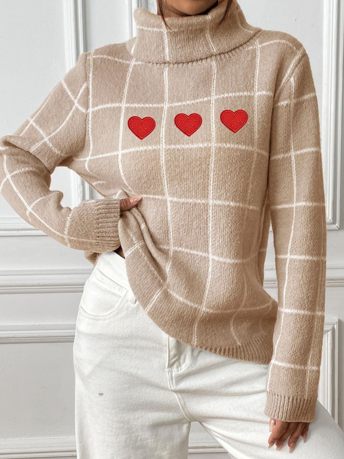 Heart Plaid Turtleneck Long Sleeve Sweater-TOPS / DRESSES-[Adult]-[Female]-Tan-S-2022 Online Blue Zone Planet