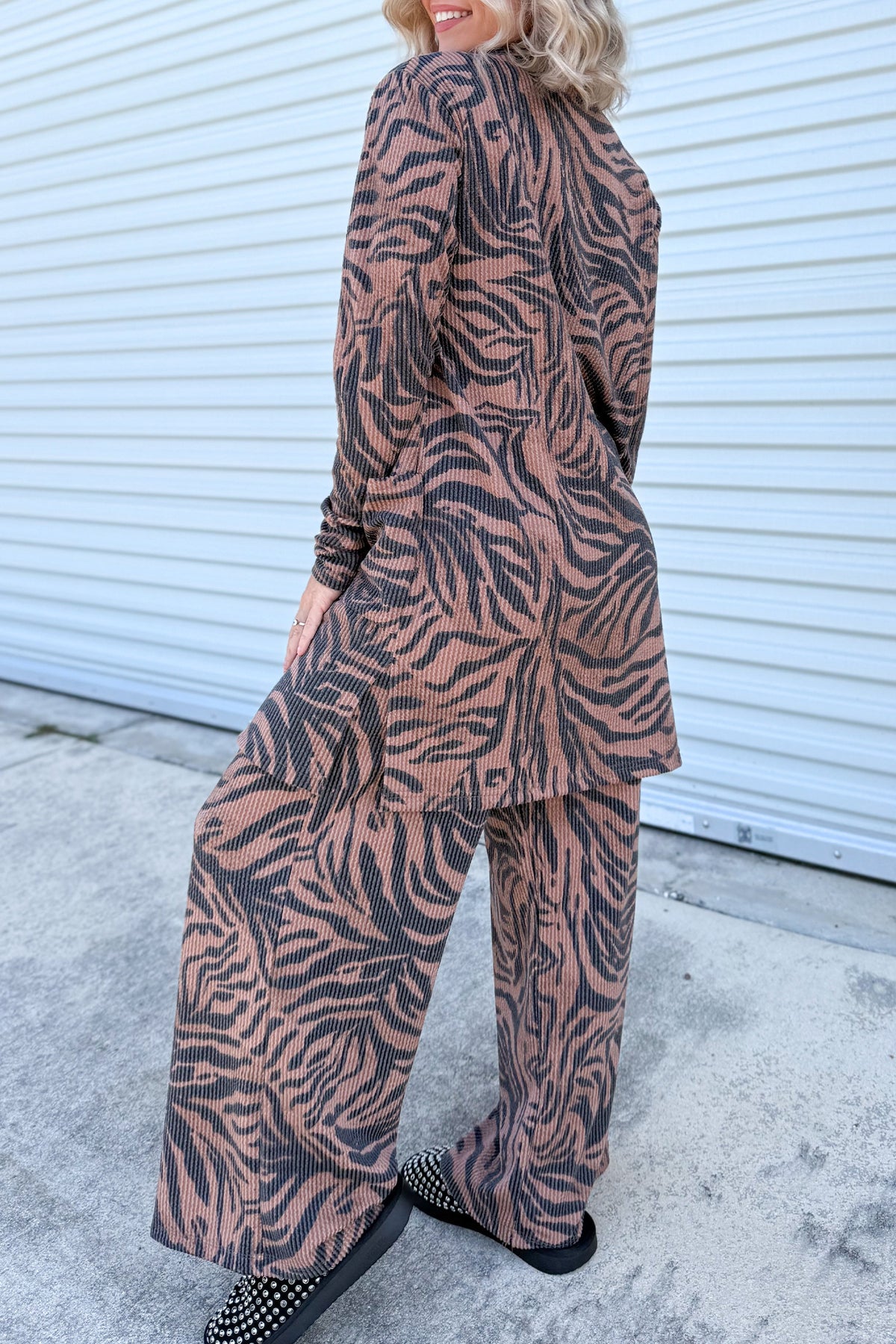 Khaki Twisted Ribbed Zebra Print Open Cardigan Wide Leg Pant Set