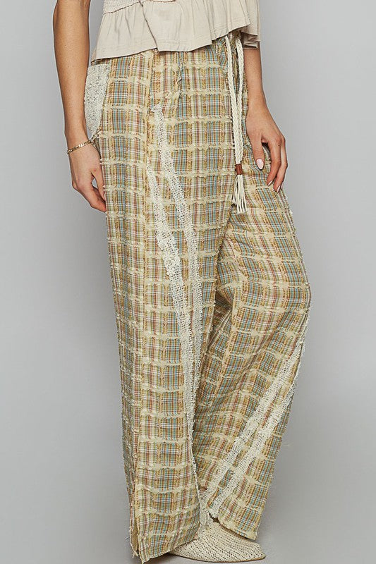 POL Lace Trim Drawstring Checkered Wide Leg Pants-BOTTOMS-[Adult]-[Female]-2022 Online Blue Zone Planet