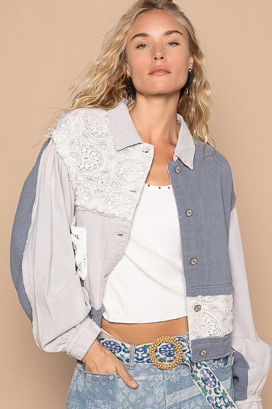 Blue Zone Planet | POL Crochet Patch Exposed Seam Button Up Jacket-TOPS / DRESSES-[Adult]-[Female]-Denim Blue-S-2022 Online Blue Zone Planet