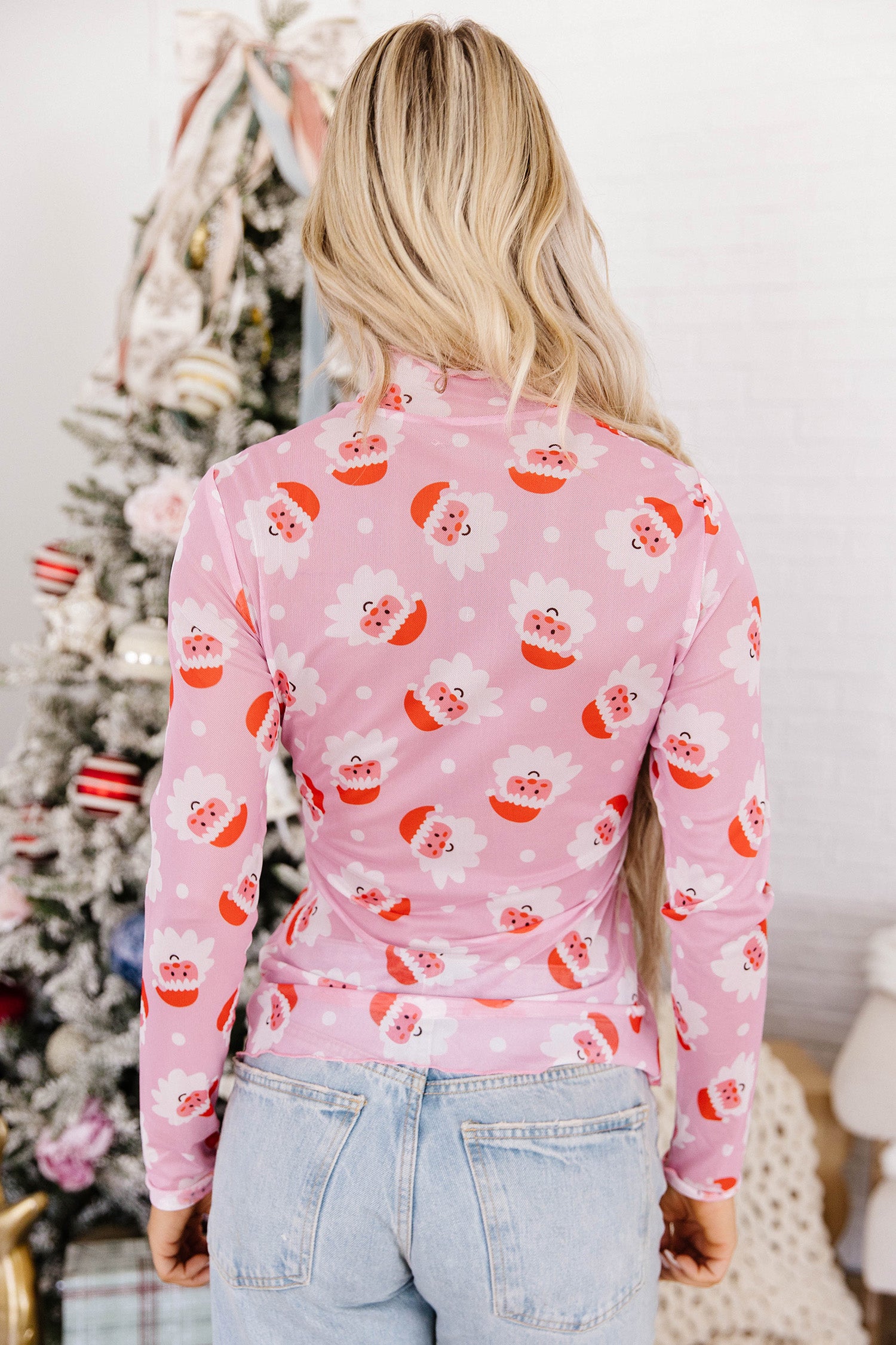 Pink Abstract Santa Print Stand Neck Sheath Long Sleeve Top-Tops/Long Sleeve Tops-[Adult]-[Female]-2022 Online Blue Zone Planet