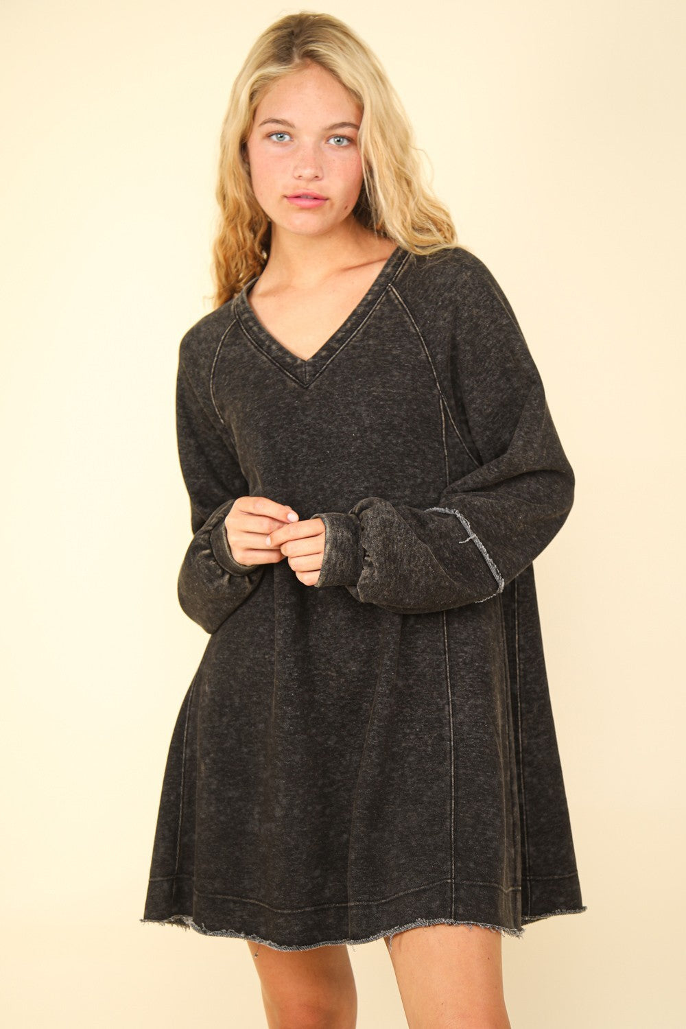 VERY J Mineral Washed Oversized A-Line Mini Dress-TOPS / DRESSES-[Adult]-[Female]-Black-S-2022 Online Blue Zone Planet