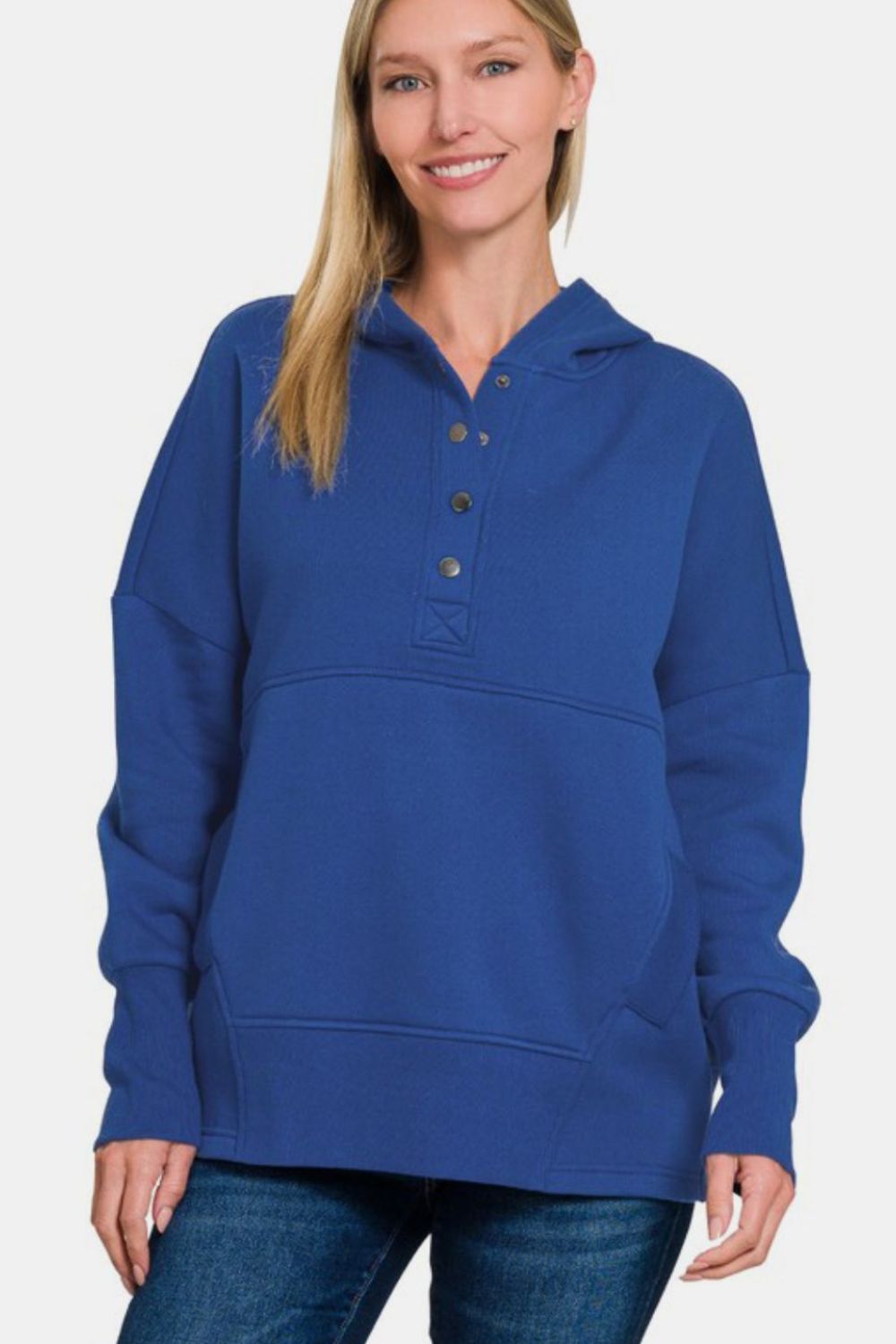 Blue Zone Planet | Zenana Half Snap Long Sleeve Hoodie with Kangaroo Pocket-Tops / Dresses-[Adult]-[Female]-2022 Online Blue Zone Planet