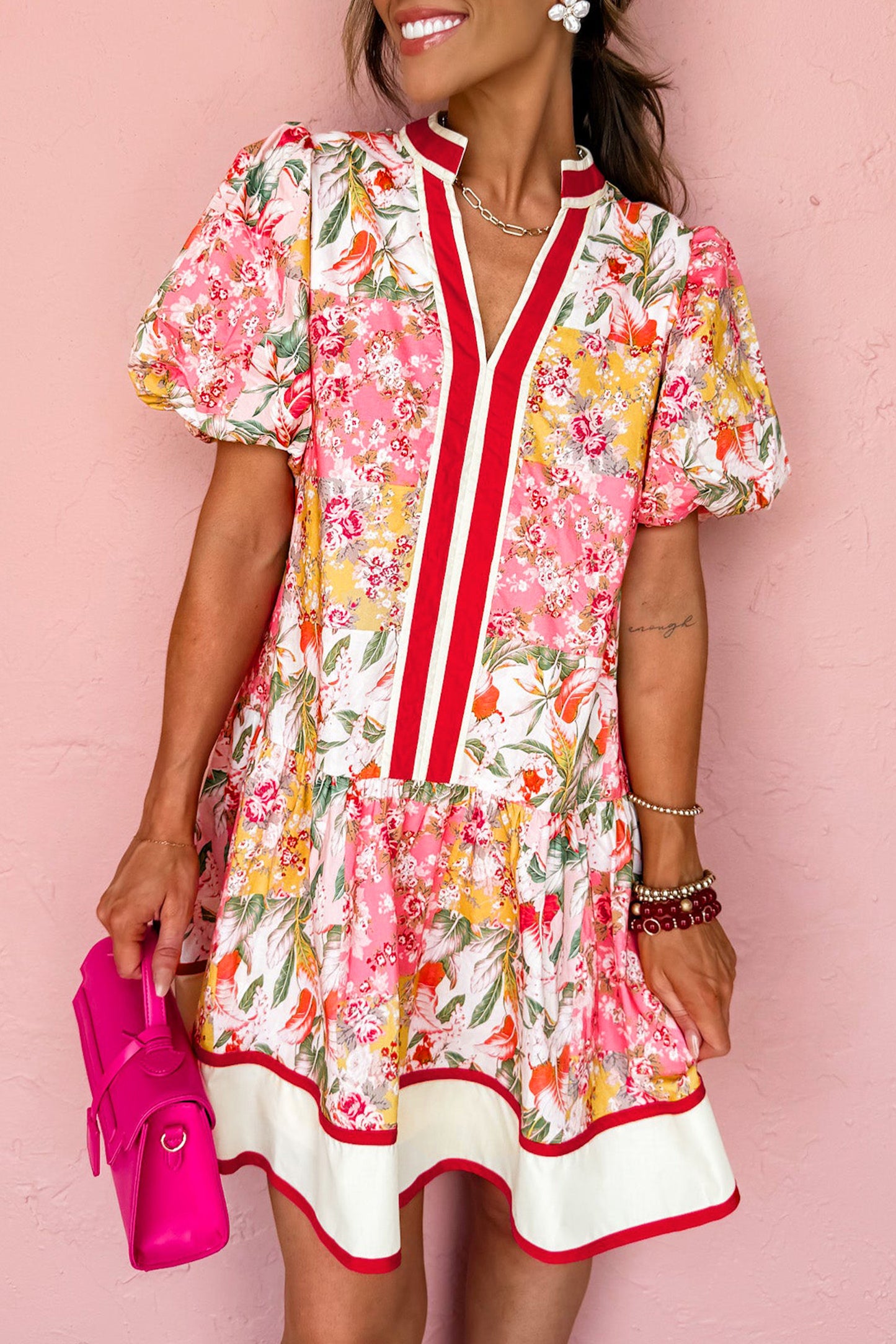 Pink Color Block Floral Print Contrast Trim V Neck Ruffle Hem Mini Dress-TOPS / DRESSES-[Adult]-[Female]-2022 Online Blue Zone Planet