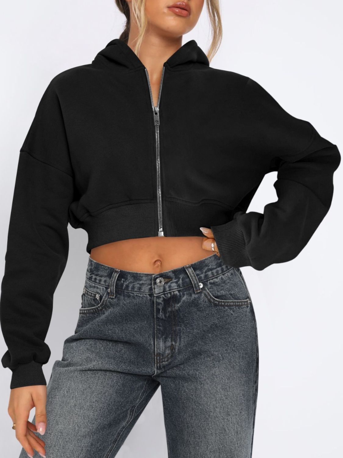 Zip Up Long Sleeve Hooded Cropped Jacket-TOPS / DRESSES-[Adult]-[Female]-Black-S-2022 Online Blue Zone Planet