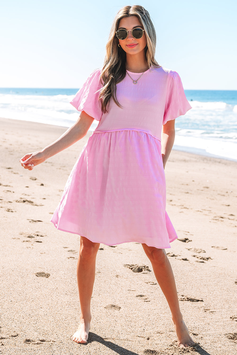 Bonbon Textured Bubble Sleeve High Waist Mini Dress-TOPS / DRESSES-[Adult]-[Female]-2022 Online Blue Zone Planet