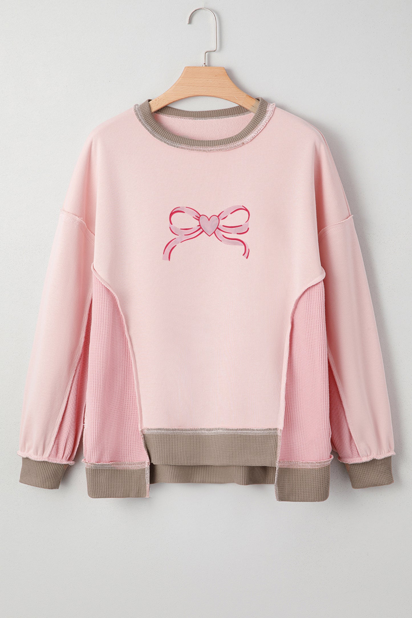 Light Pink Heart Bow Embroidered Exposed Seam Color Block Waffled Patchwork Sweatshirt-Graphic/Graphic Sweatshirts-[Adult]-[Female]-2022 Online Blue Zone Planet