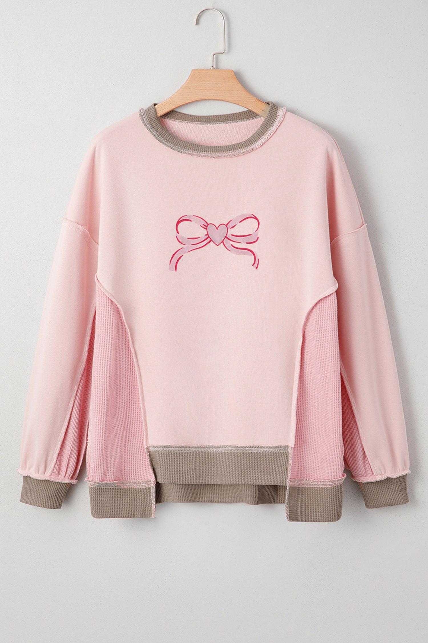 Light Pink Heart Bow Embroidered Exposed Seam Color Block Waffled Patchwork Sweatshirt-Graphic/Graphic Sweatshirts-[Adult]-[Female]-2022 Online Blue Zone Planet