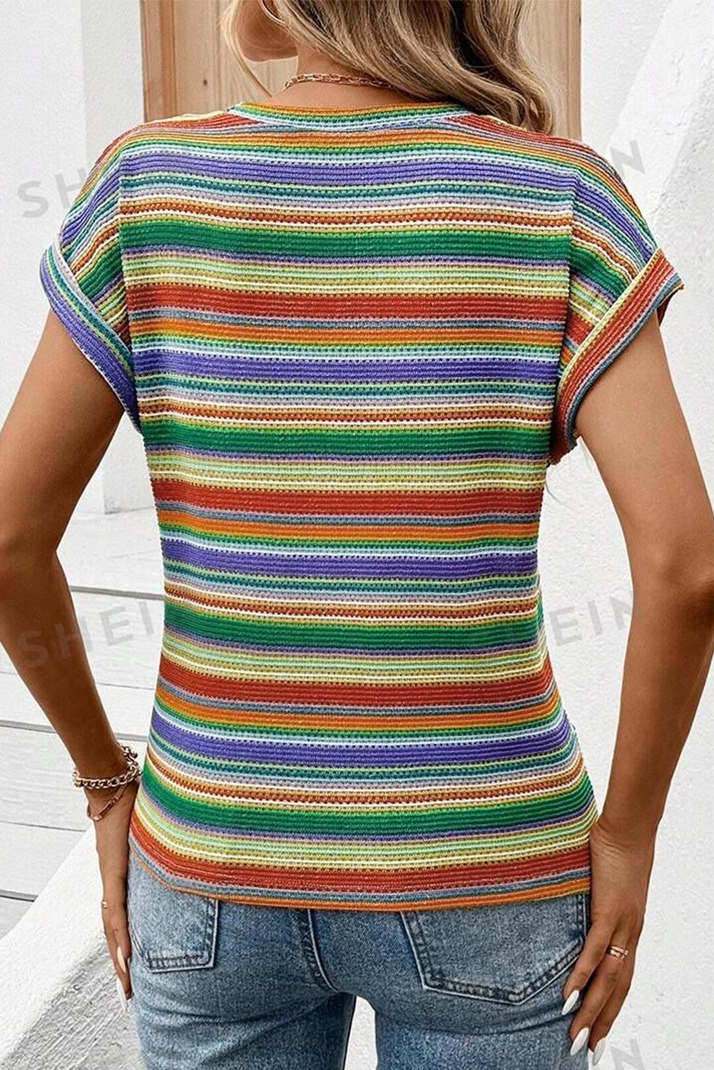 Multicolour Striped Pattern Twist Hem Short Sleeve Top-Tops/Tops & Tees-[Adult]-[Female]-2022 Online Blue Zone Planet