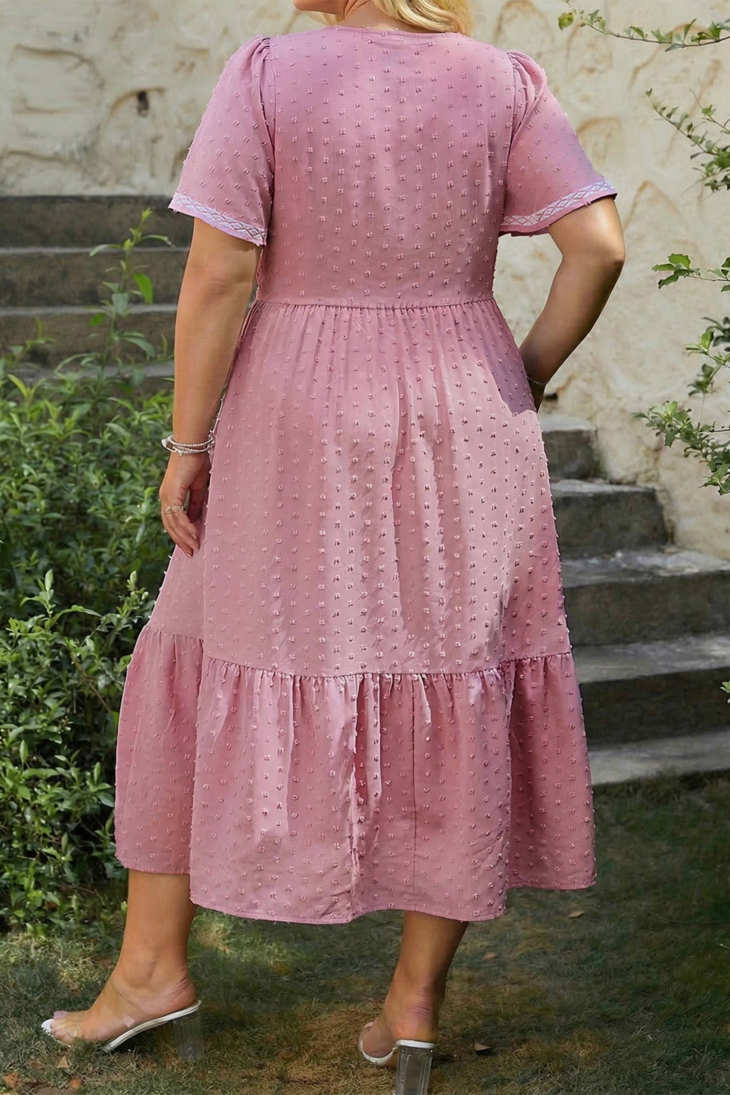 Pink Plus Size Swiss Dot Short Sleeve Smocked High Waist Flowy Midi Dress-TOPS / DRESSES-[Adult]-[Female]-2022 Online Blue Zone Planet