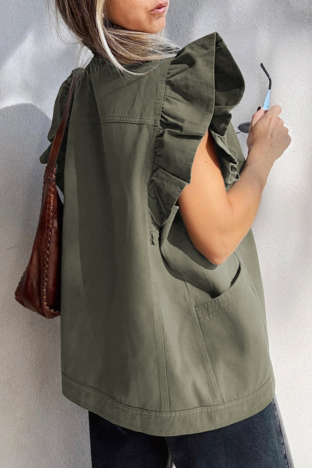 Green Bay Ruffled Patchwork Denim Jacket Vest-Outerwear/Vests-[Adult]-[Female]-2022 Online Blue Zone Planet