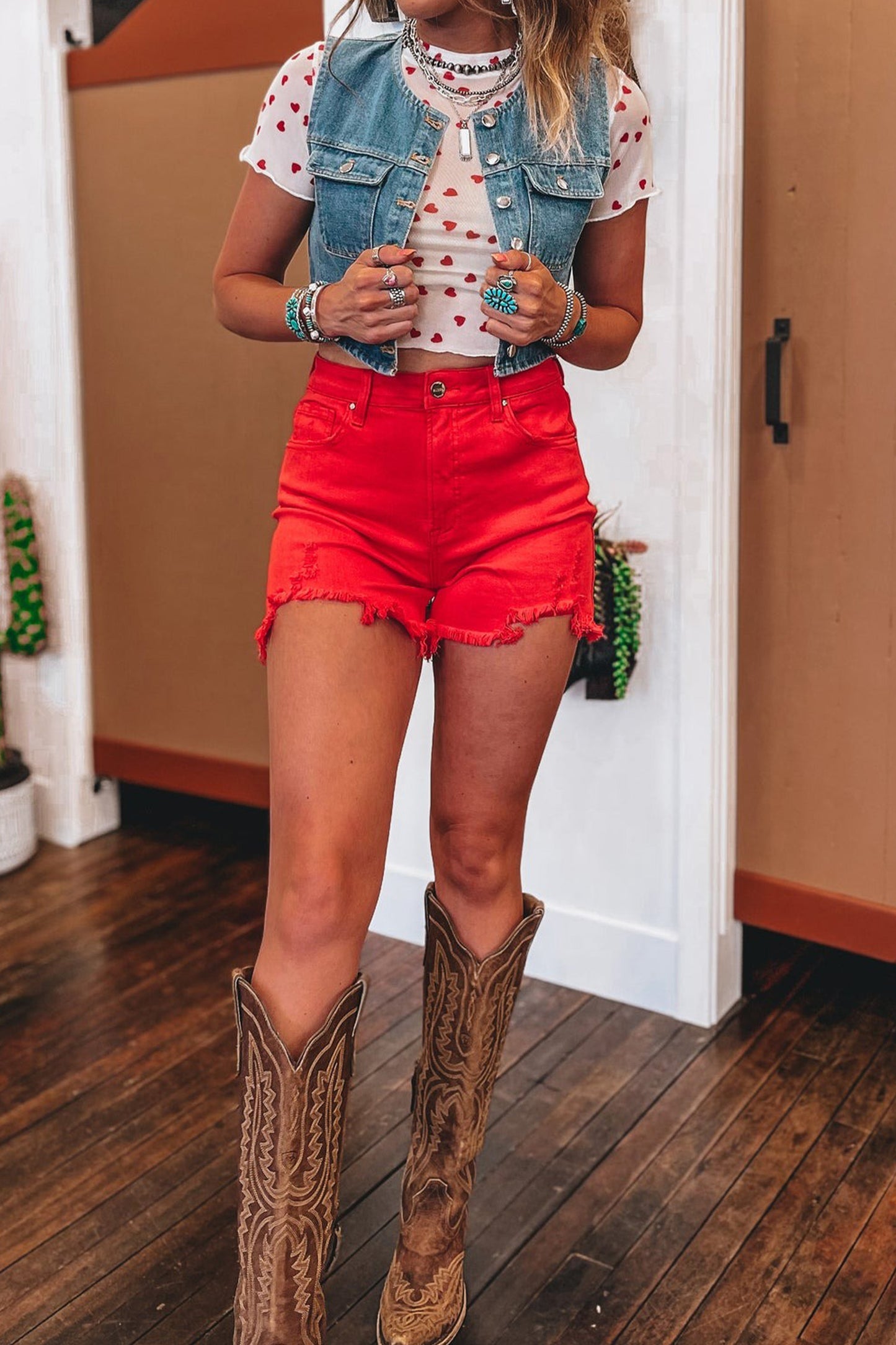 Red Allover Heart Print Mesh Short Sleeve Top-Tops & Tees-[Adult]-[Female]-2022 Online Blue Zone Planet