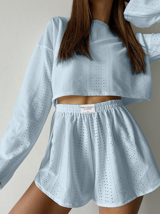 Eyelet Round Neck Top and Shorts Set-TOPS / DRESSES-[Adult]-[Female]-Light Blue-S-2022 Online Blue Zone Planet