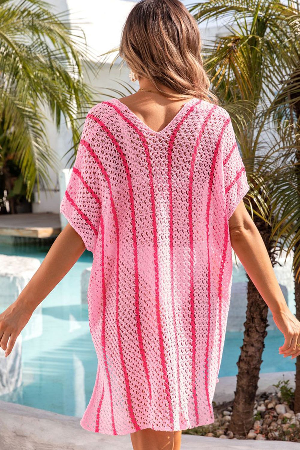 Black Striped Crochet Loose Fit V Neck Beach Cover Up Blue Zone Planet