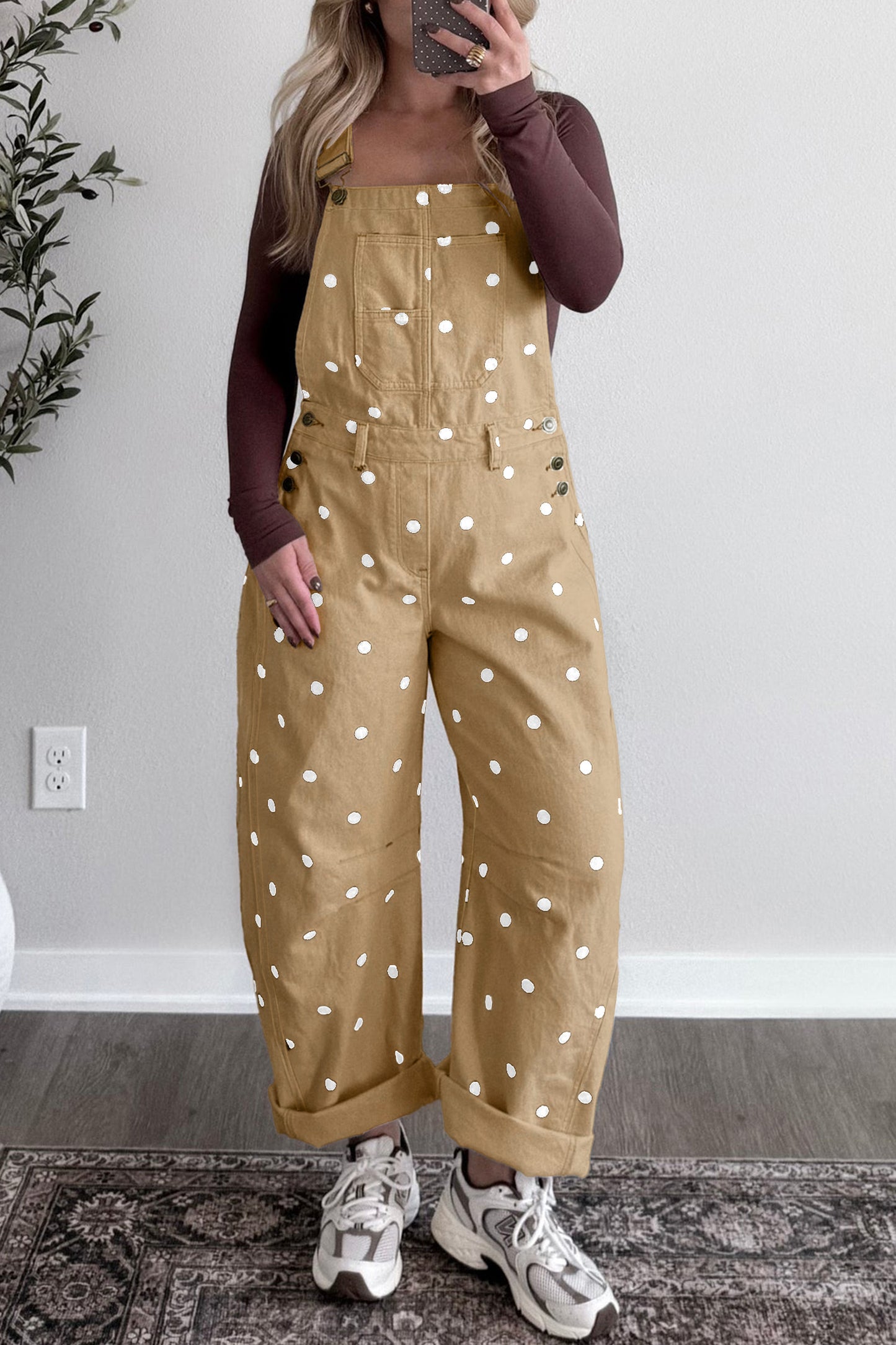 Jet Stream Polka Dot Print Bib Pocket Denim Barrel Overalls Jumpsuit-Bottoms/Jumpsuits & Rompers-[Adult]-[Female]-Light French Beige-S-2022 Online Blue Zone Planet