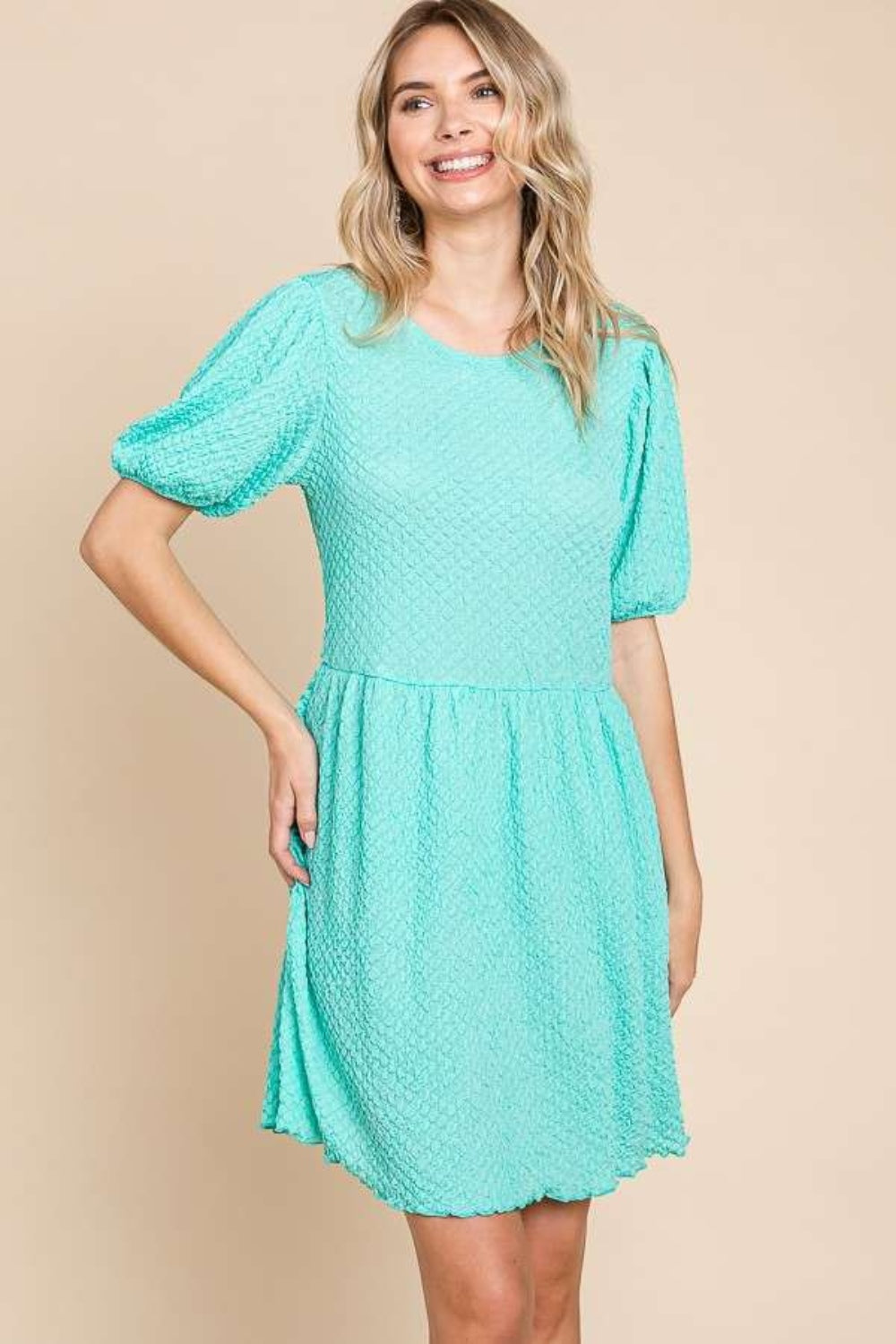 Culture Code Full Size Textured Round Neck Puff Sleeve Dress-TOPS / DRESSES-[Adult]-[Female]-Mint-S-2022 Online Blue Zone Planet