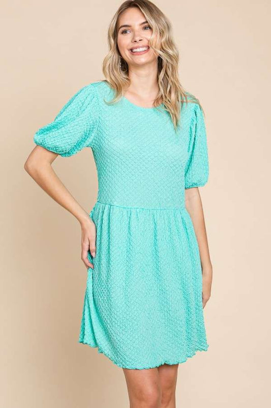 Culture Code Full Size Textured Round Neck Puff Sleeve Dress-TOPS / DRESSES-[Adult]-[Female]-Mint-S-2022 Online Blue Zone Planet