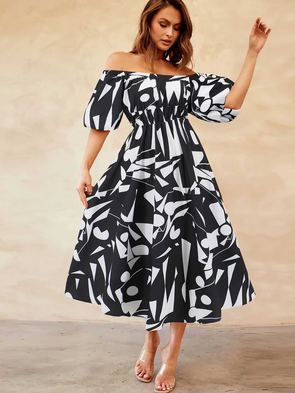 Printed Off-Shoulder Balloon Sleeve Dress-TOPS / DRESSES-[Adult]-[Female]-2022 Online Blue Zone Planet