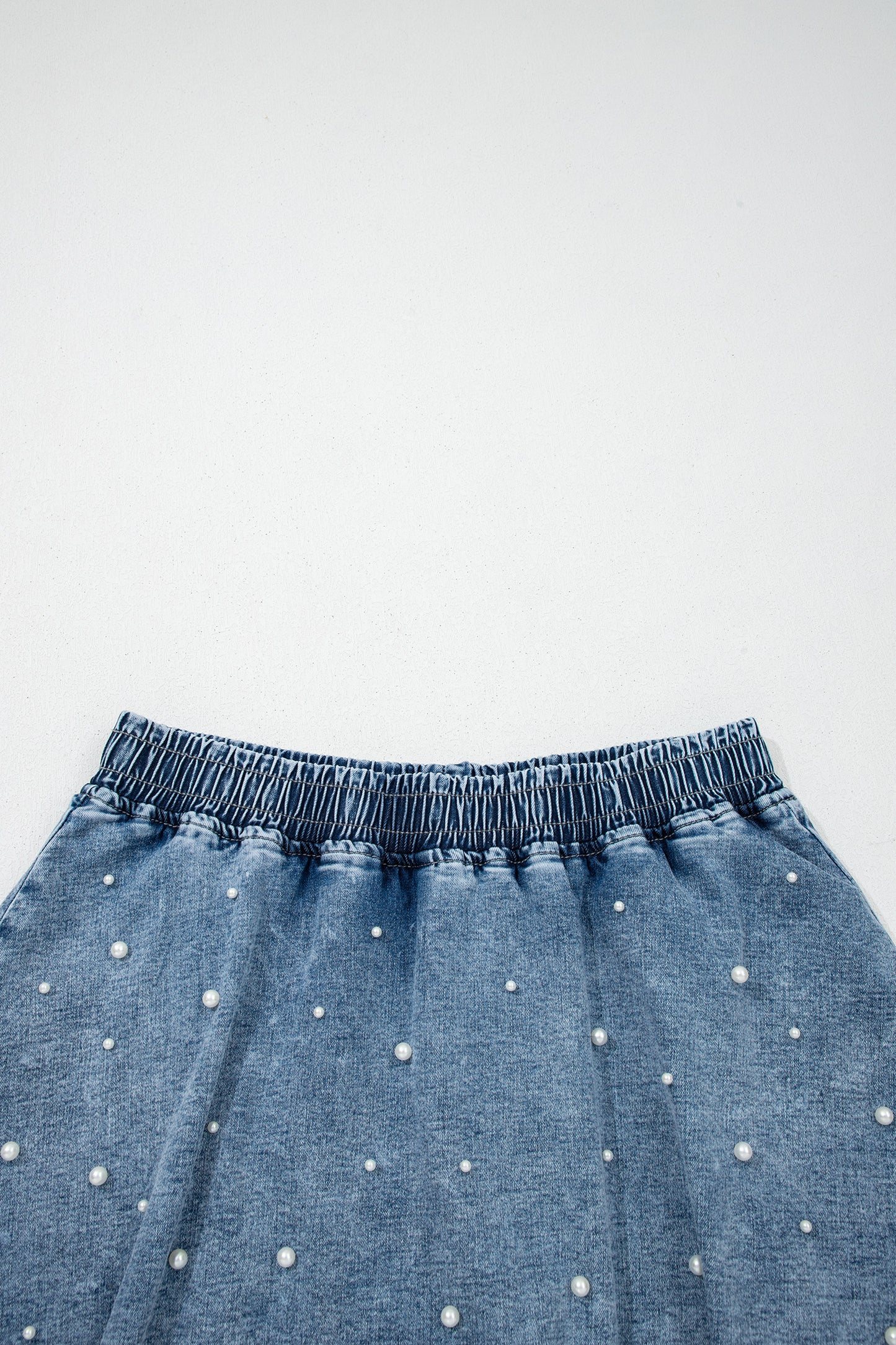 Ashleigh Blue Denim Pearl Embellished Elastic Waist Mini Skort-Bottoms/Denim Shorts-[Adult]-[Female]-2022 Online Blue Zone Planet