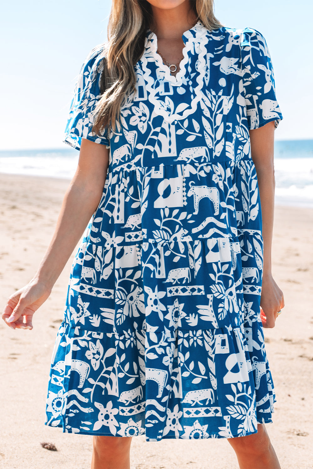 Blue Ricrac Trim Split Neck Floral Loose Dress-Dresses/Floral Dresses-[Adult]-[Female]-2022 Online Blue Zone Planet